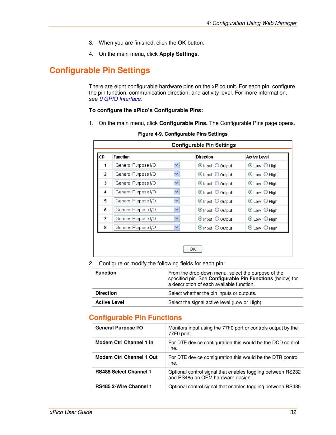 Lantronix 900-618 manual Configurable Pin Settings, Configurable Pin Functions, To configure the xPico’s Configurable Pins 