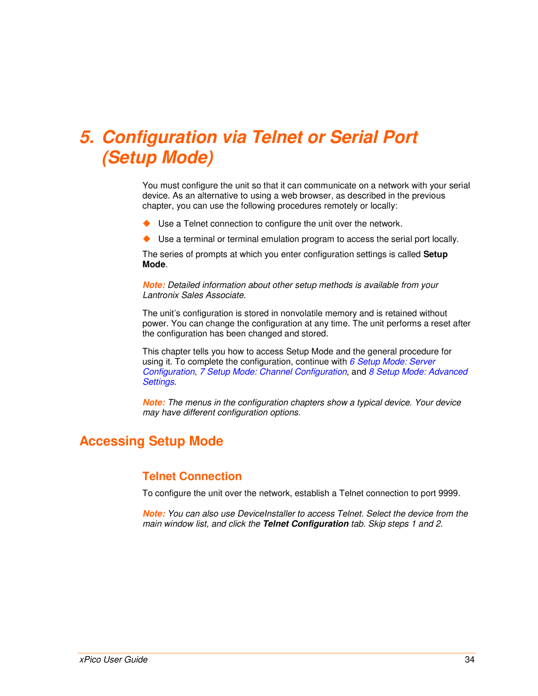 Lantronix 900-618 manual Configuration via Telnet or Serial Port Setup Mode, Accessing Setup Mode, Telnet Connection 