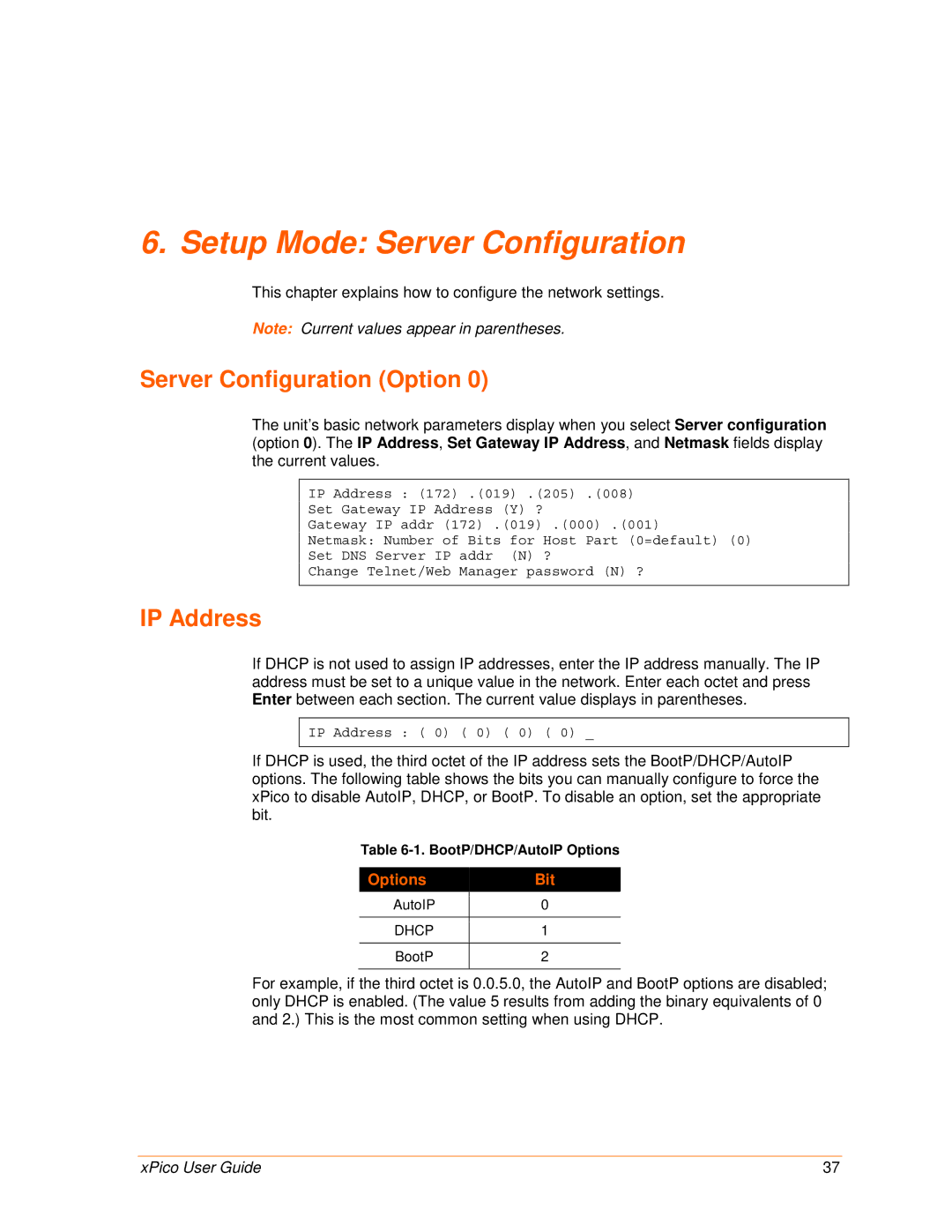 Lantronix 900-618 Setup Mode Server Configuration, Server Configuration Option, IP Address, BootP/DHCP/AutoIP Options 