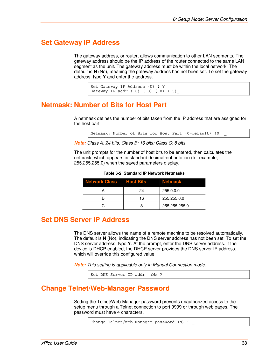 Lantronix 900-618 manual Set Gateway IP Address, Netmask Number of Bits for Host Part, Set DNS Server IP Address 