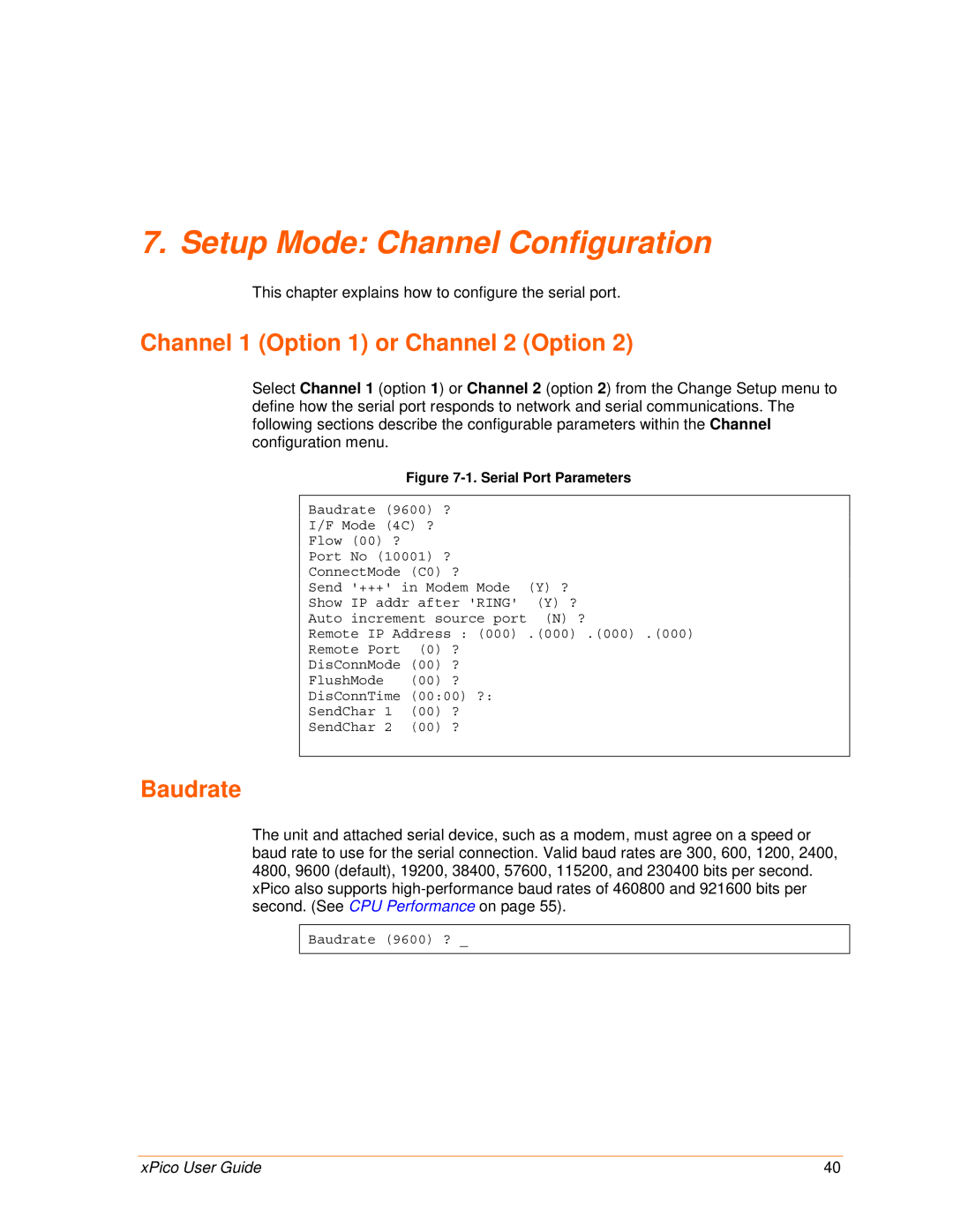 Lantronix 900-618 manual Setup Mode Channel Configuration, Channel 1 Option 1 or Channel 2 Option, Baudrate 