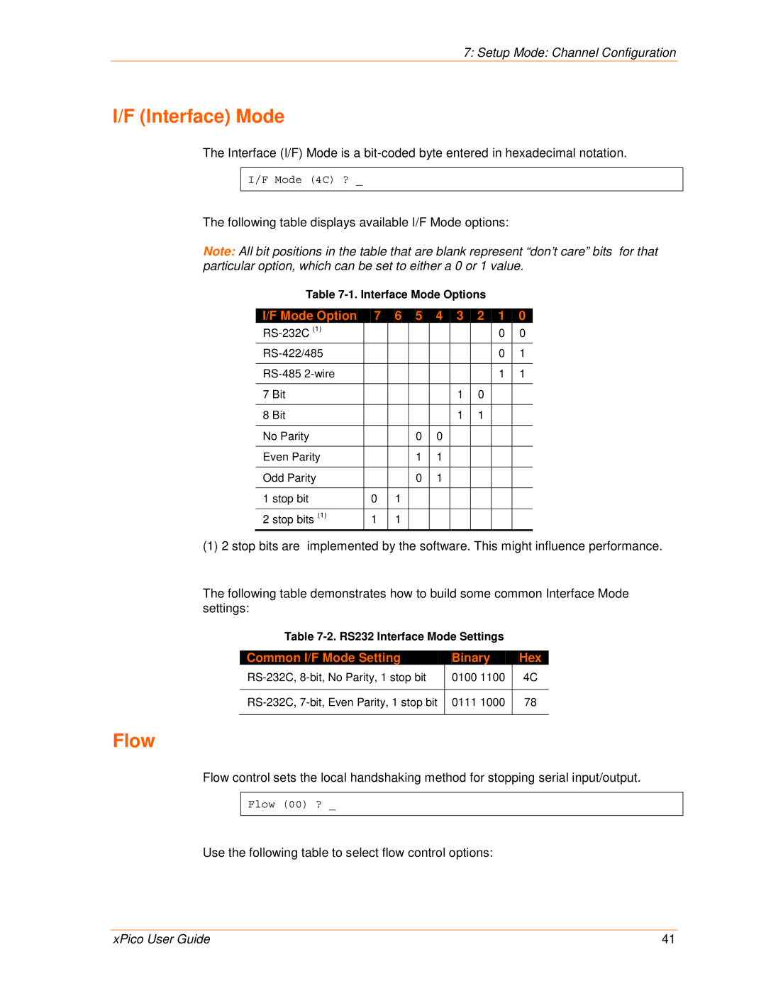 Lantronix 900-618 manual Flow, Interface Mode Options, RS232 Interface Mode Settings 