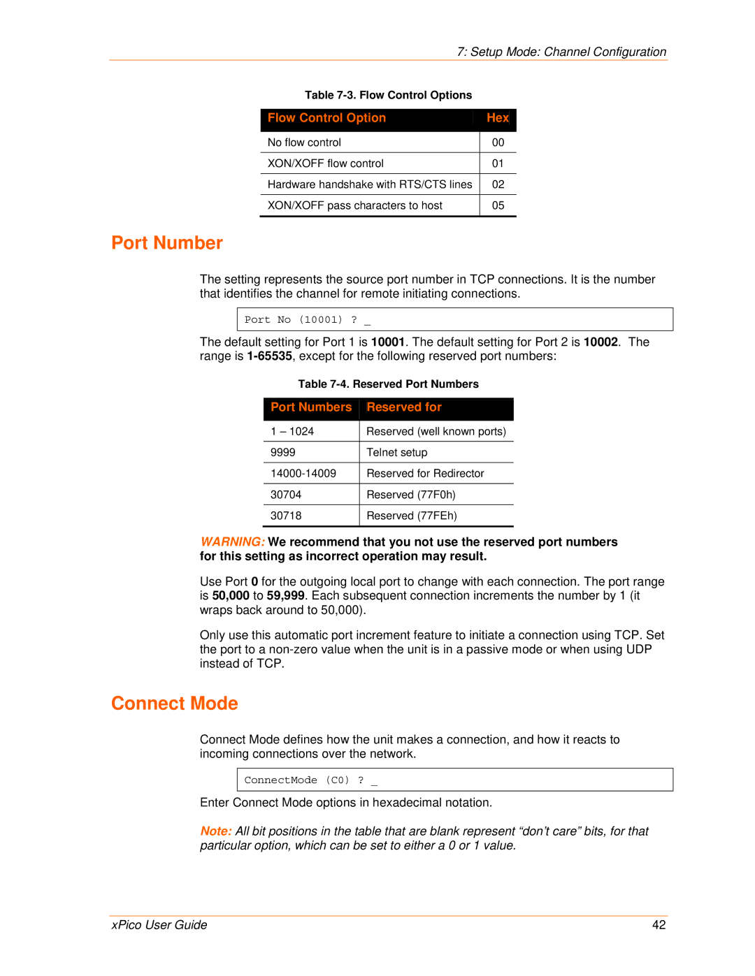 Lantronix 900-618 manual Connect Mode, Flow Control Options, Reserved Port Numbers 