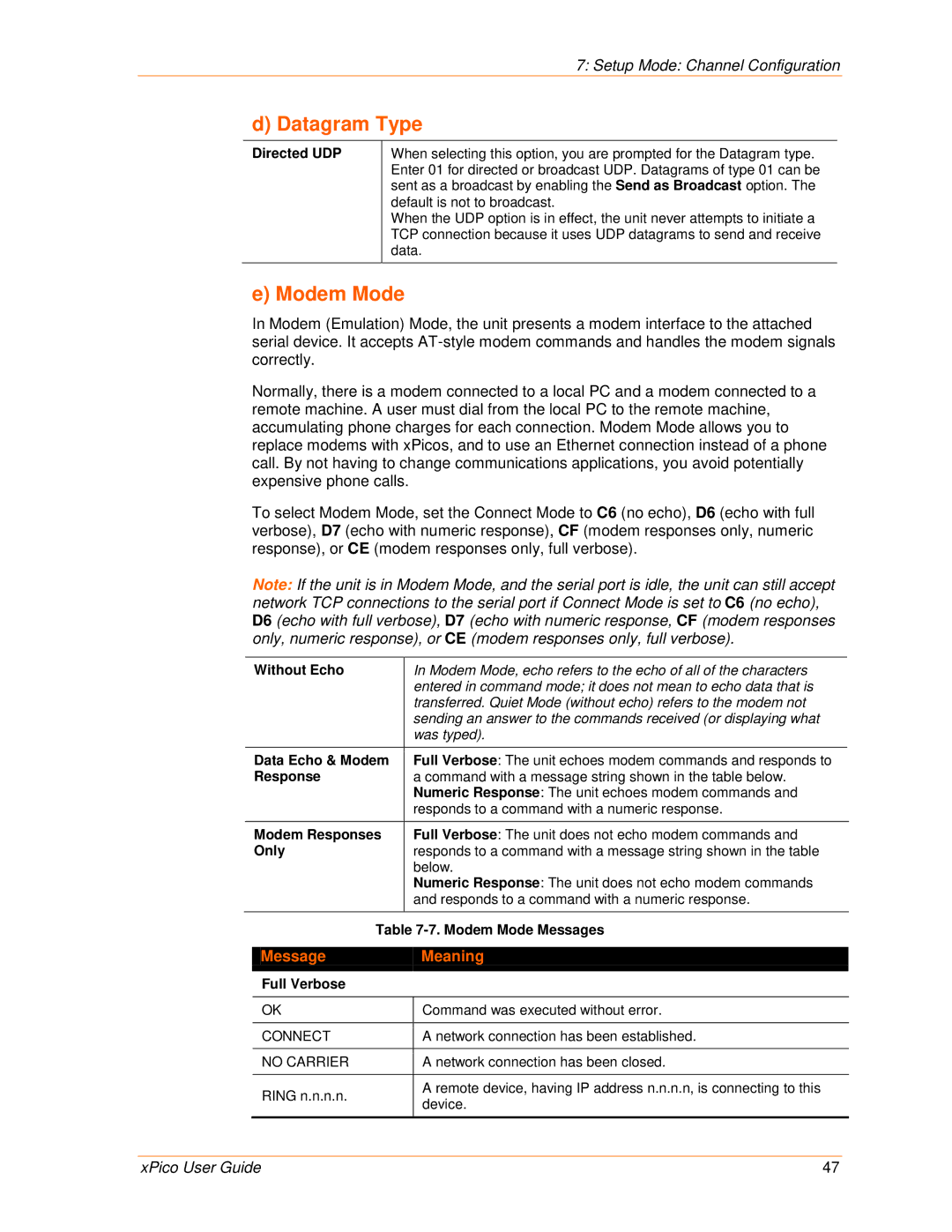 Lantronix 900-618 manual Datagram Type, Modem Mode, Directed UDP 