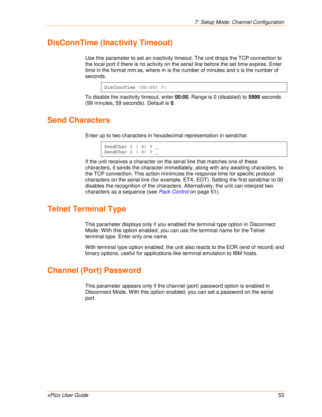 Lantronix 900-618 manual DisConnTime Inactivity Timeout, Send Characters, Telnet Terminal Type, Channel Port Password 