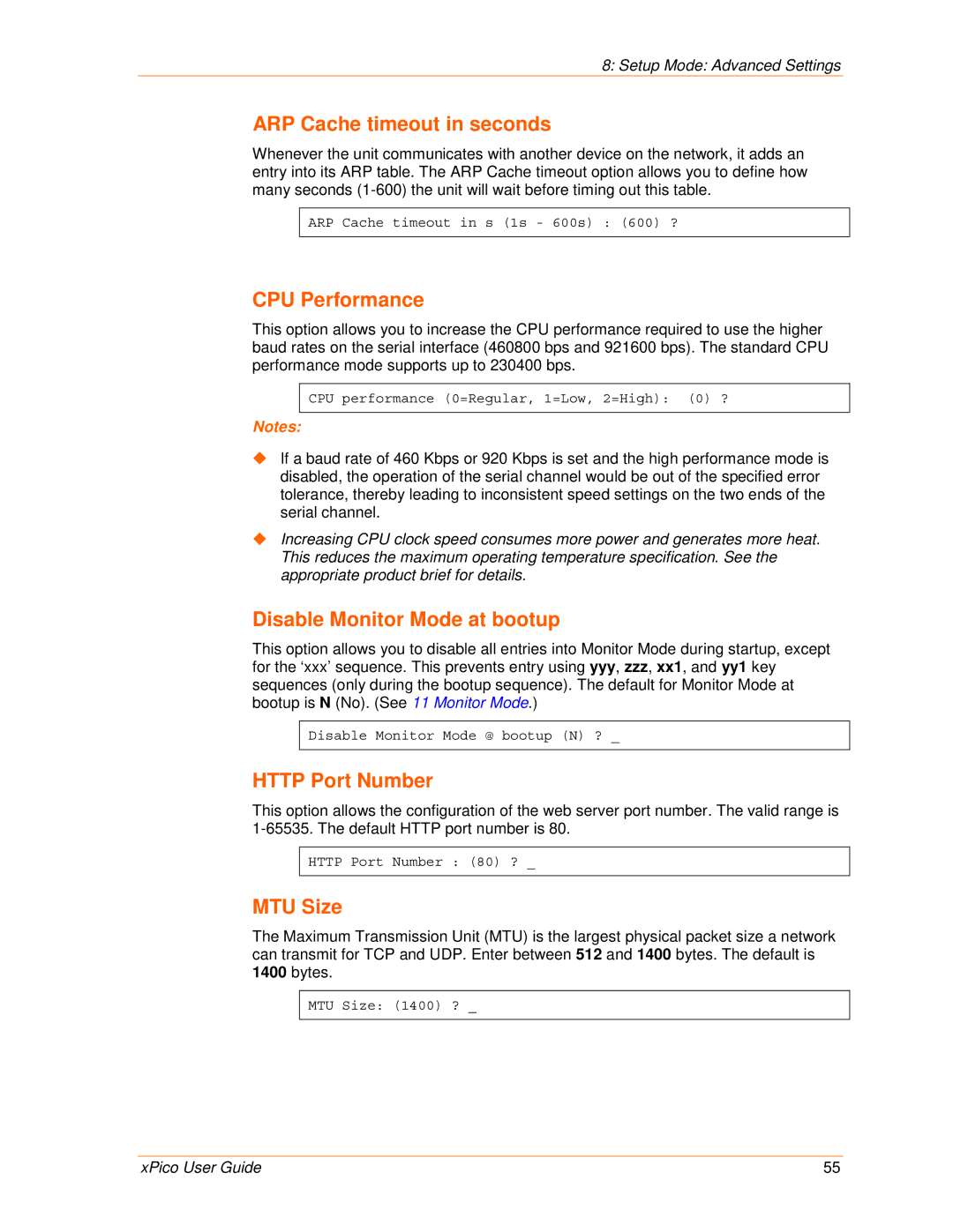 Lantronix 900-618 manual ARP Cache timeout in seconds, CPU Performance, Disable Monitor Mode at bootup, Http Port Number 