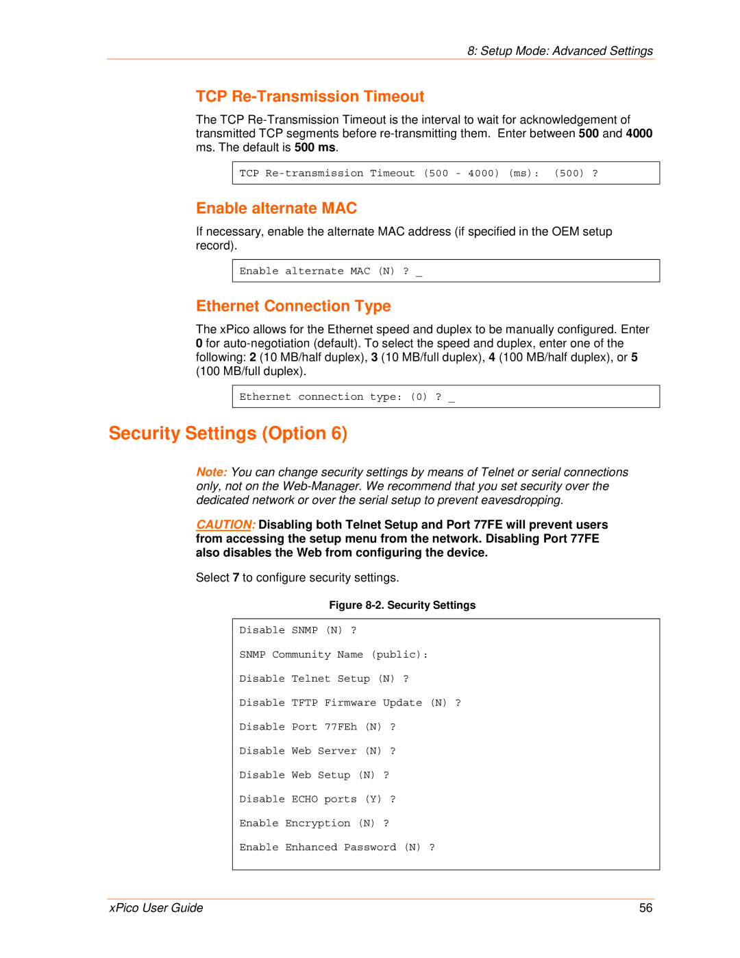 Lantronix 900-618 Security Settings Option, TCP Re-Transmission Timeout, Enable alternate MAC, Ethernet Connection Type 