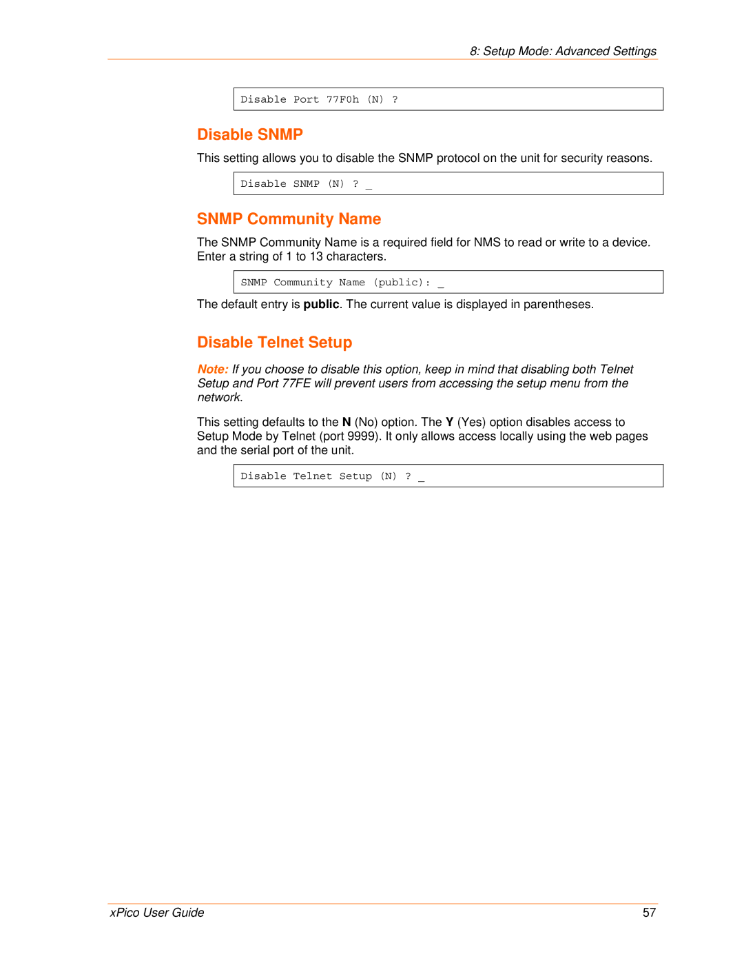 Lantronix 900-618 manual Disable Snmp, Snmp Community Name, Disable Telnet Setup 