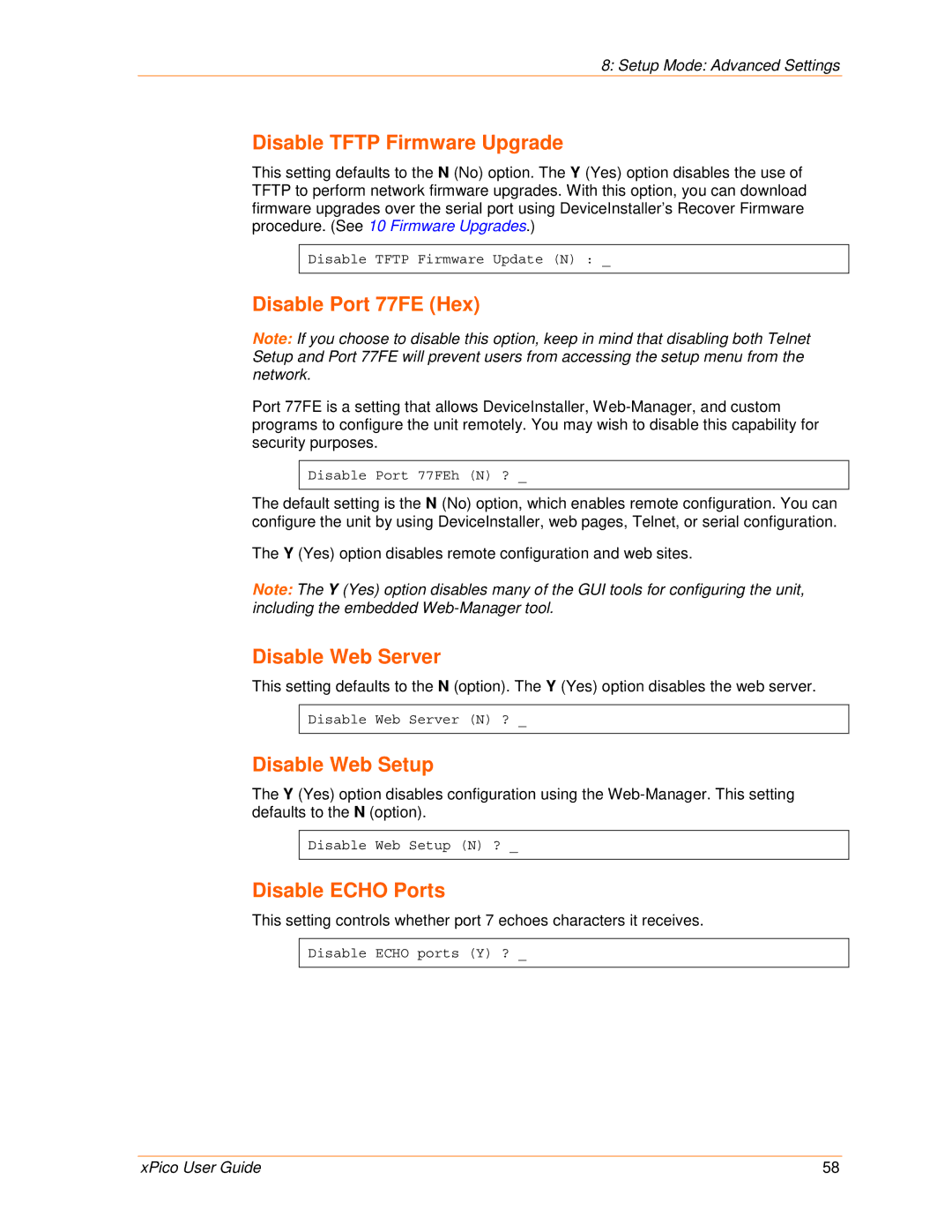 Lantronix 900-618 manual Disable Tftp Firmware Upgrade, Disable Port 77FE Hex, Disable Web Server, Disable Web Setup 