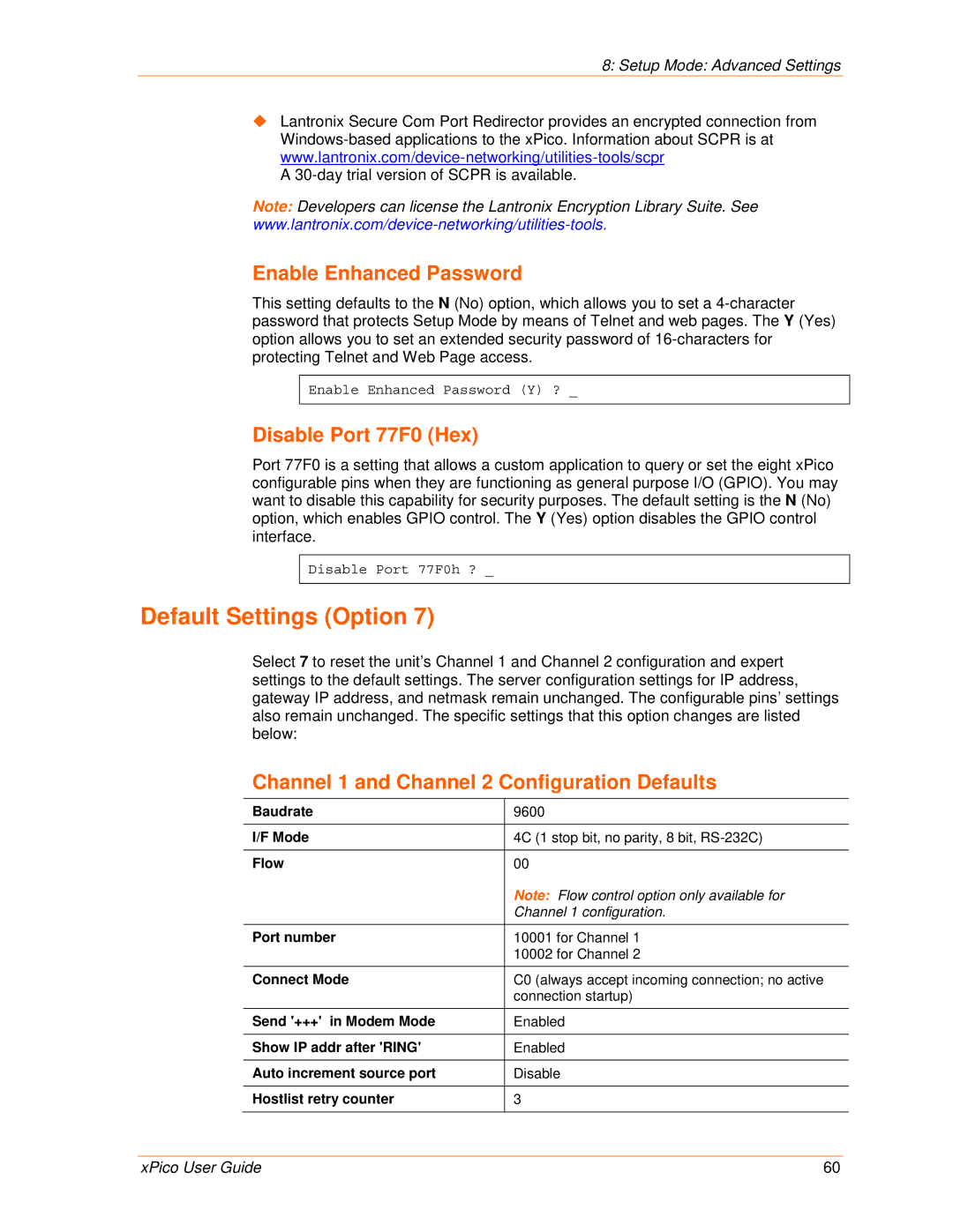 Lantronix 900-618 manual Default Settings Option, Enable Enhanced Password, Disable Port 77F0 Hex 