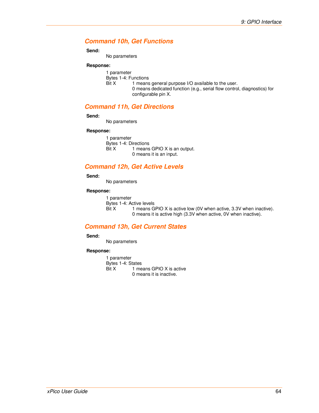 Lantronix 900-618 manual Command 10h, Get Functions, Command 11h, Get Directions, Command 12h, Get Active Levels, Send 