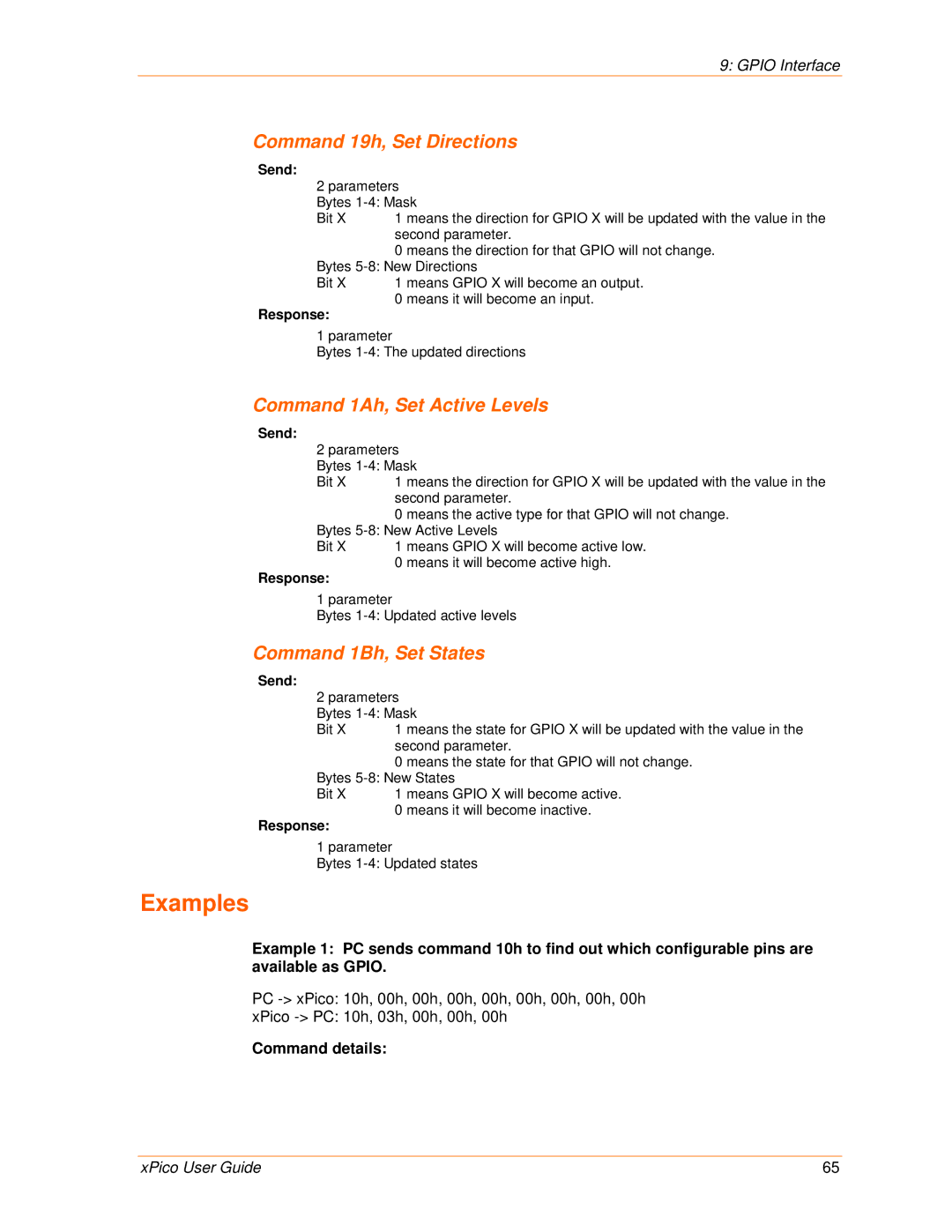 Lantronix 900-618 manual Examples, Command 19h, Set Directions, Command 1Ah, Set Active Levels, Command 1Bh, Set States 