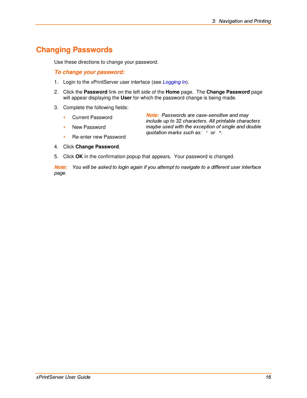 Lantronix 900-633-R manual Changing Passwords, Click Change Password 