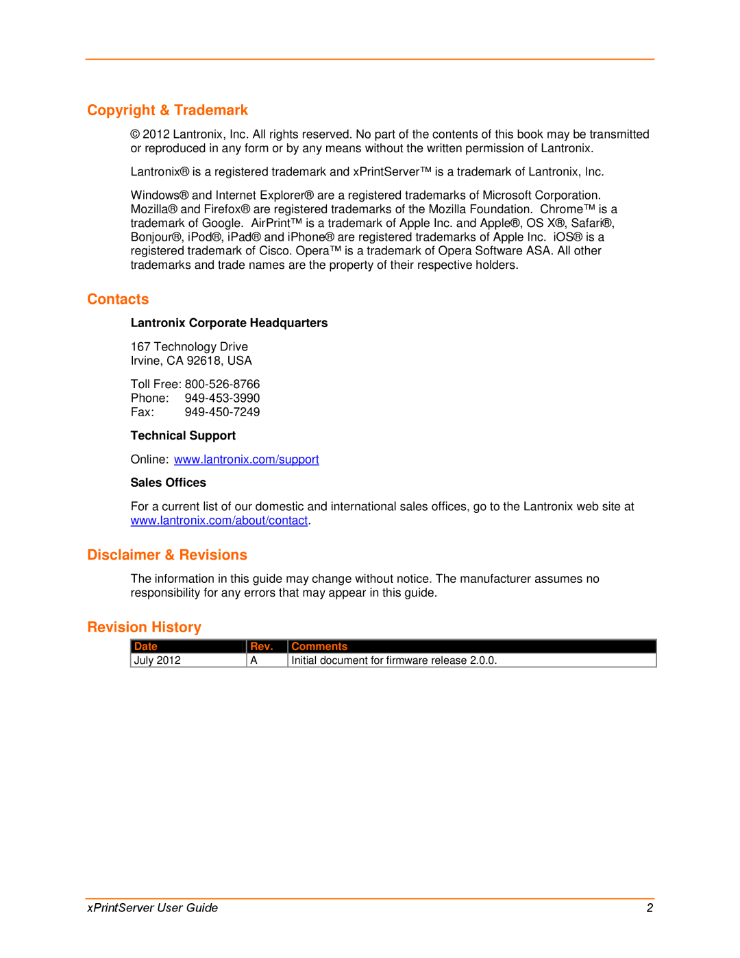 Lantronix 900-633-R manual Lantronix Corporate Headquarters, Technical Support Sales Offices 