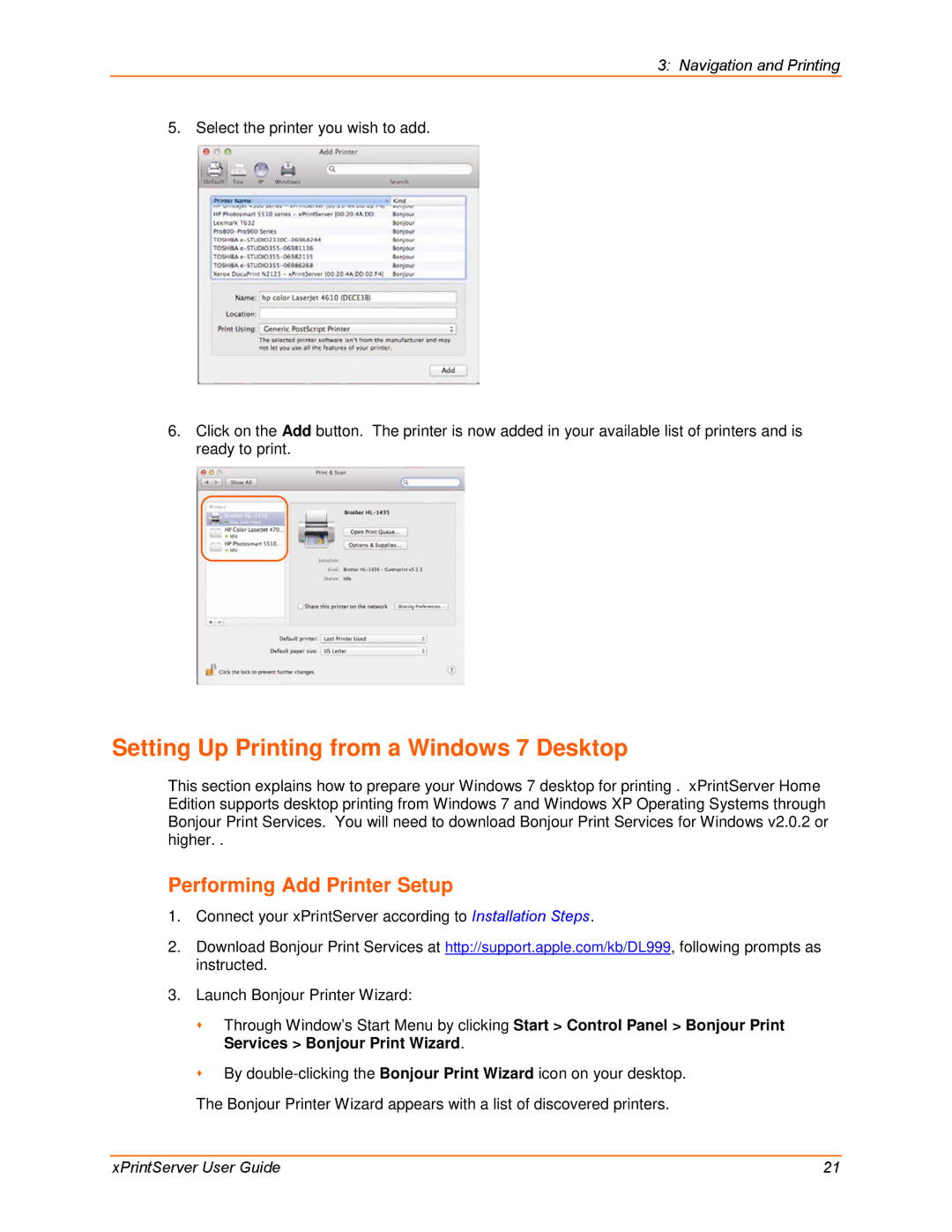 Lantronix 900-633-R manual Setting Up Printing from a Windows 7 Desktop, Performing Add Printer Setup 