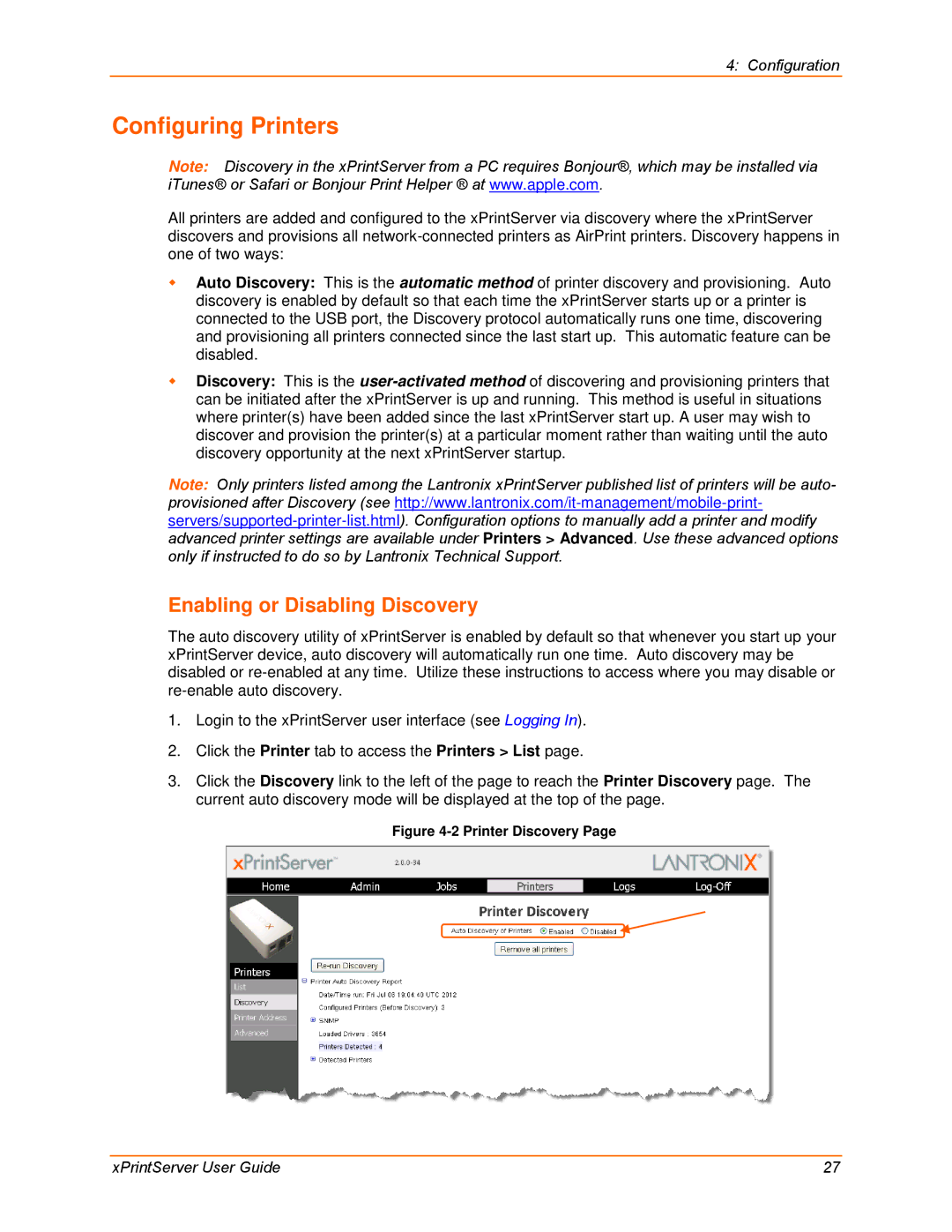 Lantronix 900-633-R manual Configuring Printers, Enabling or Disabling Discovery 