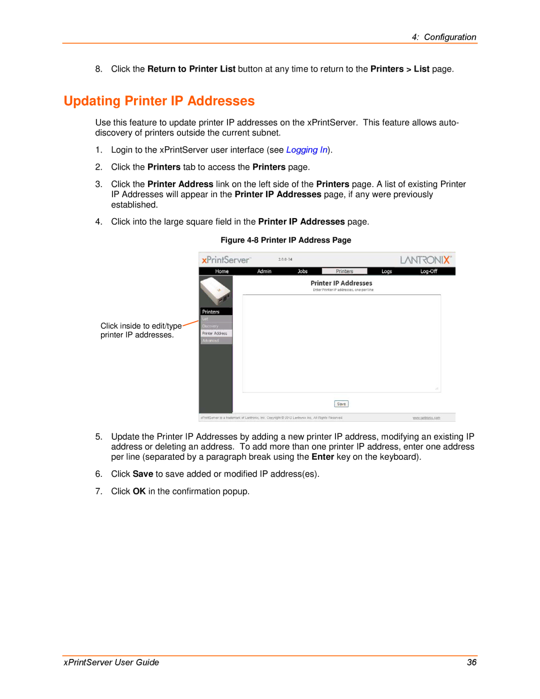 Lantronix 900-633-R manual Updating Printer IP Addresses 