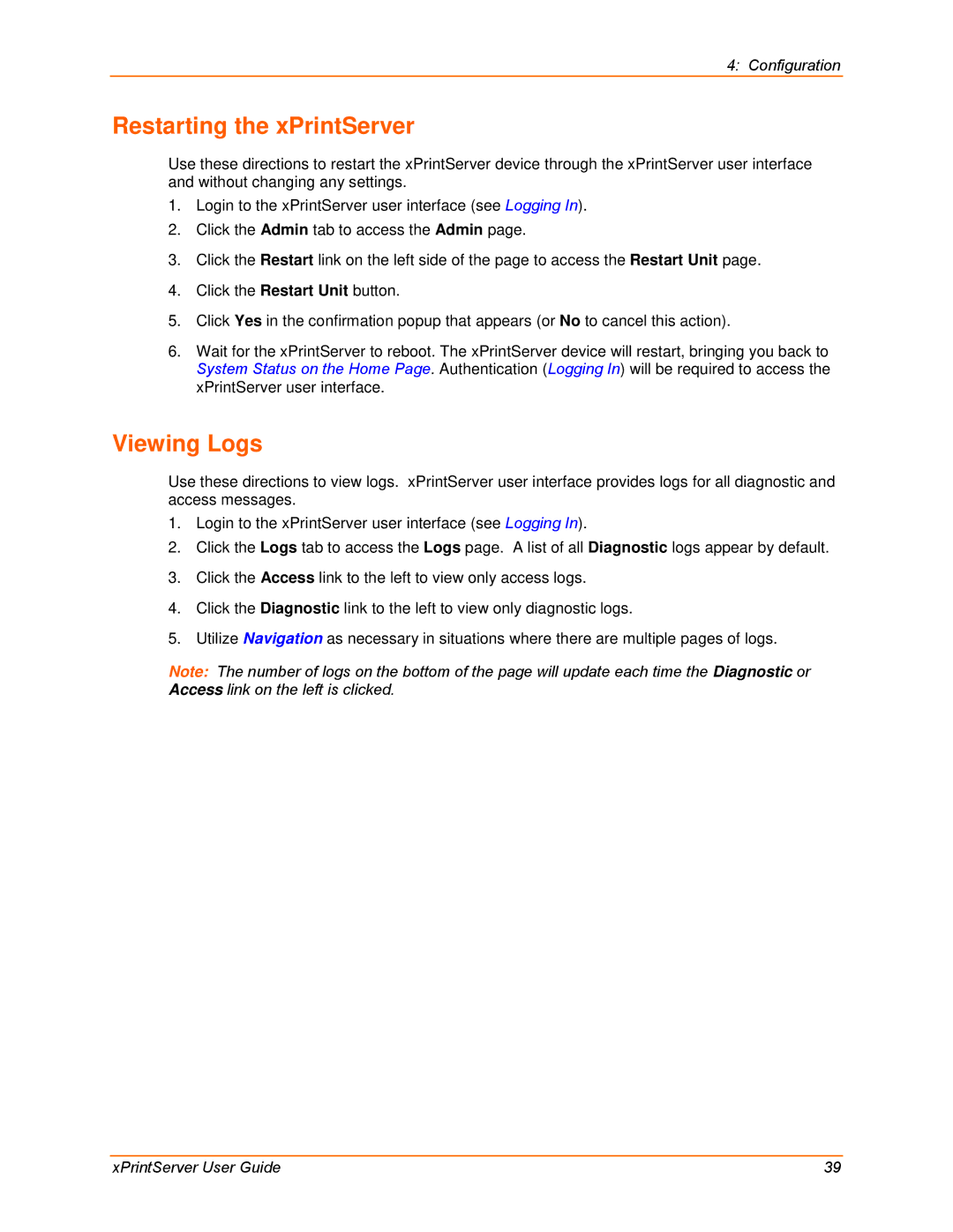 Lantronix 900-633-R manual Restarting the xPrintServer, Viewing Logs 