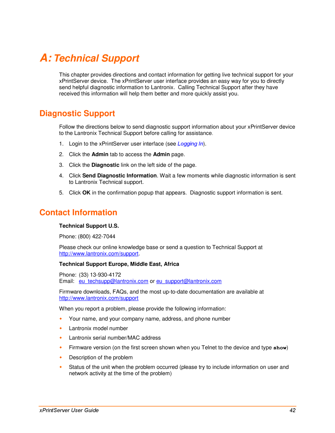 Lantronix 900-633-R manual Diagnostic Support, Contact Information, Technical Support U.S 