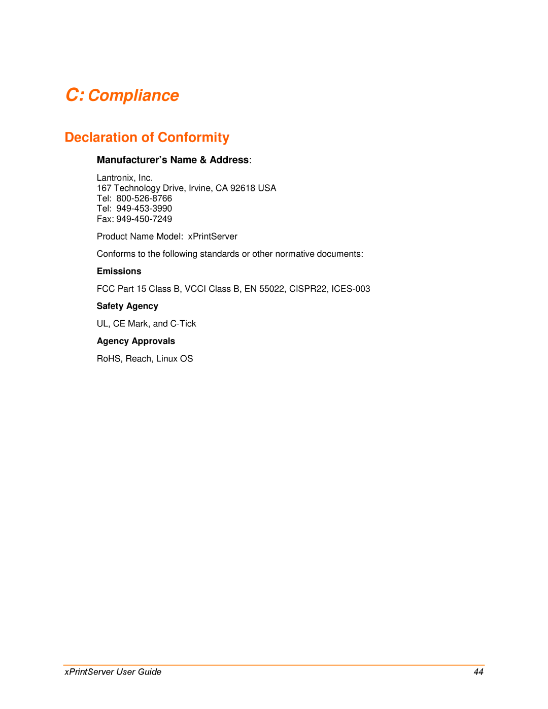 Lantronix 900-633-R manual Compliance, Declaration of Conformity, Emissions, Safety Agency, Agency Approvals 