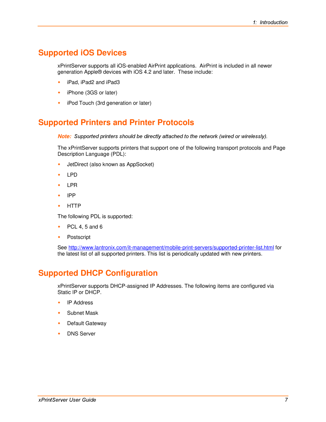 Lantronix 900-633-R manual Supported iOS Devices, Supported Printers and Printer Protocols, Supported Dhcp Configuration 