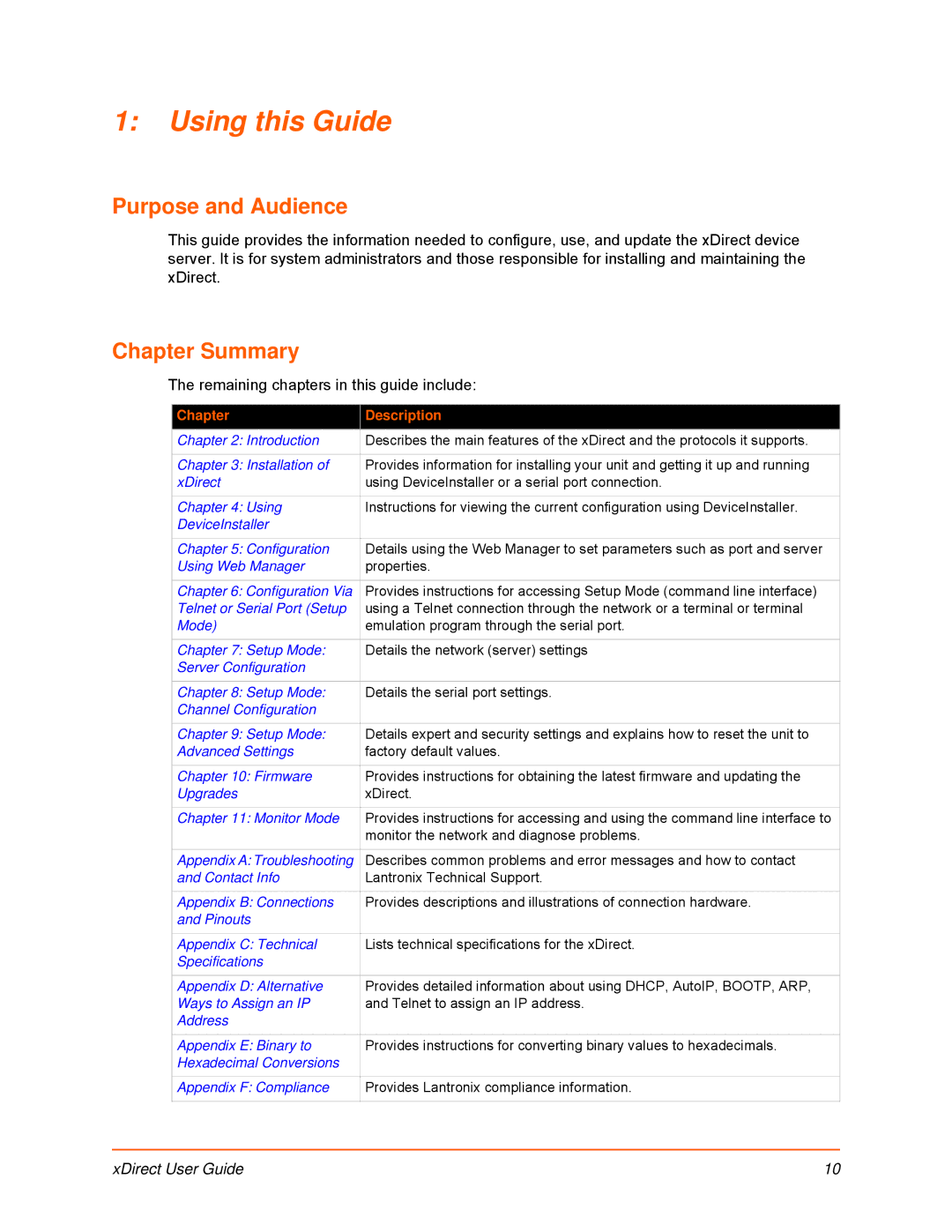 Lantronix 900-653-R manual Using this Guide, Purpose and Audience, Chapter Summary 