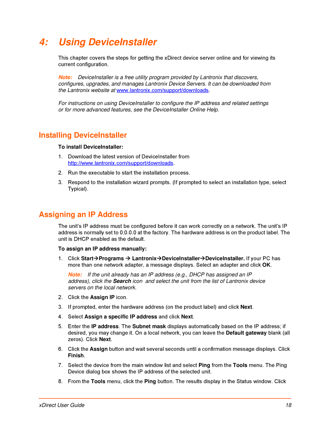 Lantronix 900-653-R Using DeviceInstaller, Installing DeviceInstaller, Assigning an IP Address, To install DeviceInstaller 
