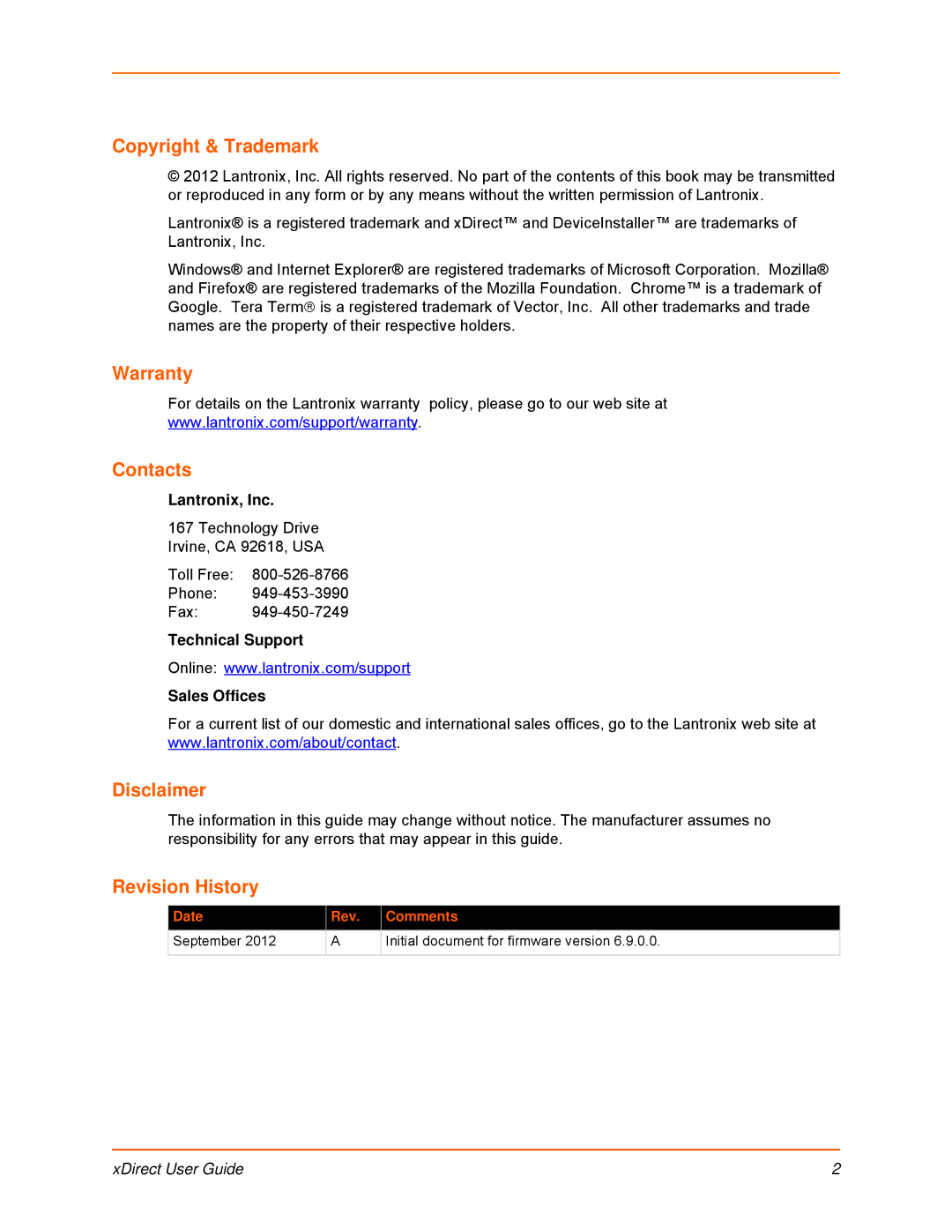 Lantronix 900-653-R manual Copyright & Trademark, Warranty, Contacts, Disclaimer, Revision History 