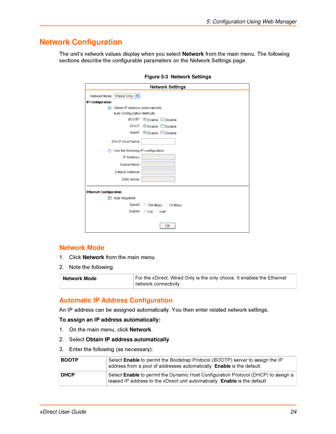 Lantronix 900-653-R manual Network Configuration, Network Mode, Automatic IP Address Configuration 