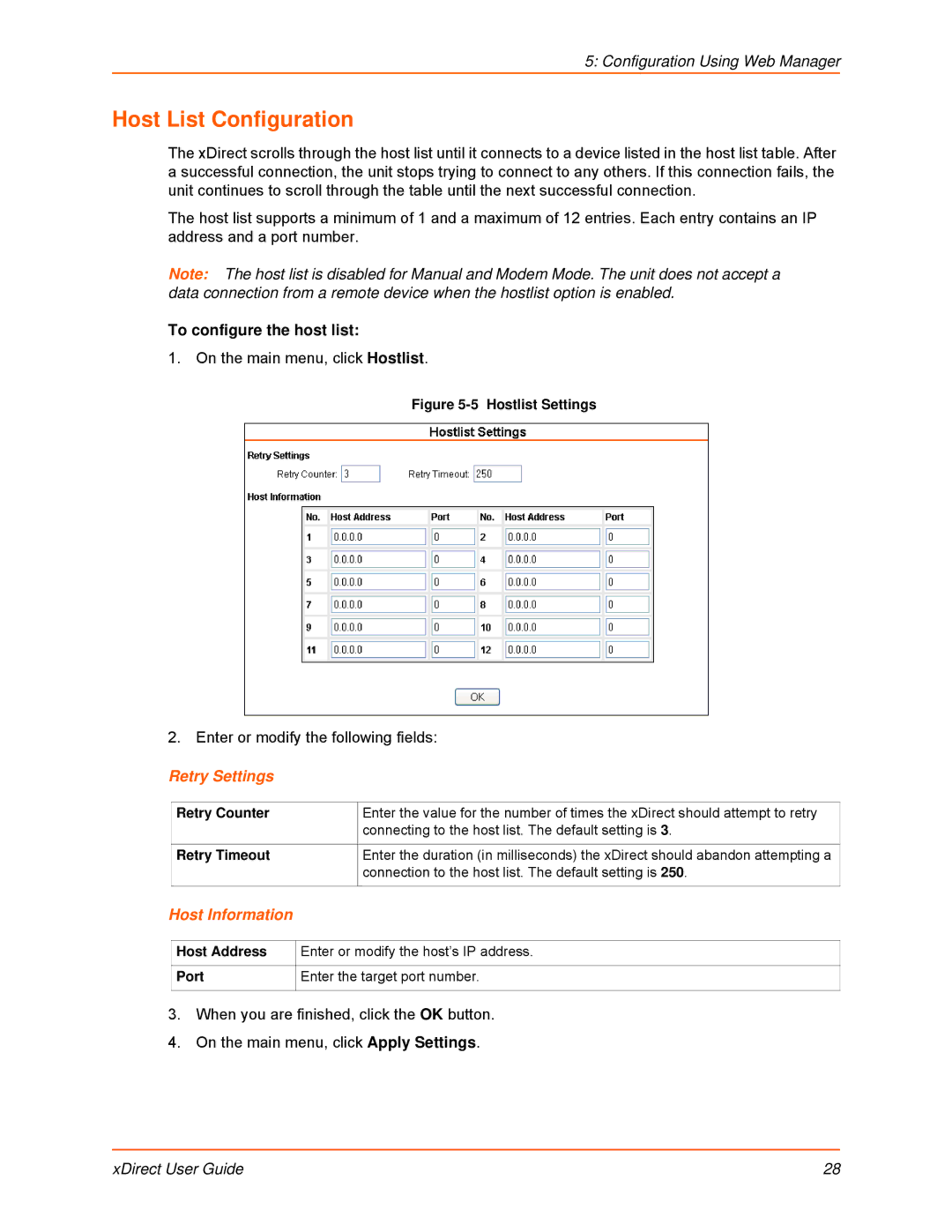 Lantronix 900-653-R manual Host List Configuration, To configure the host list, Retry Counter, Retry Timeout 