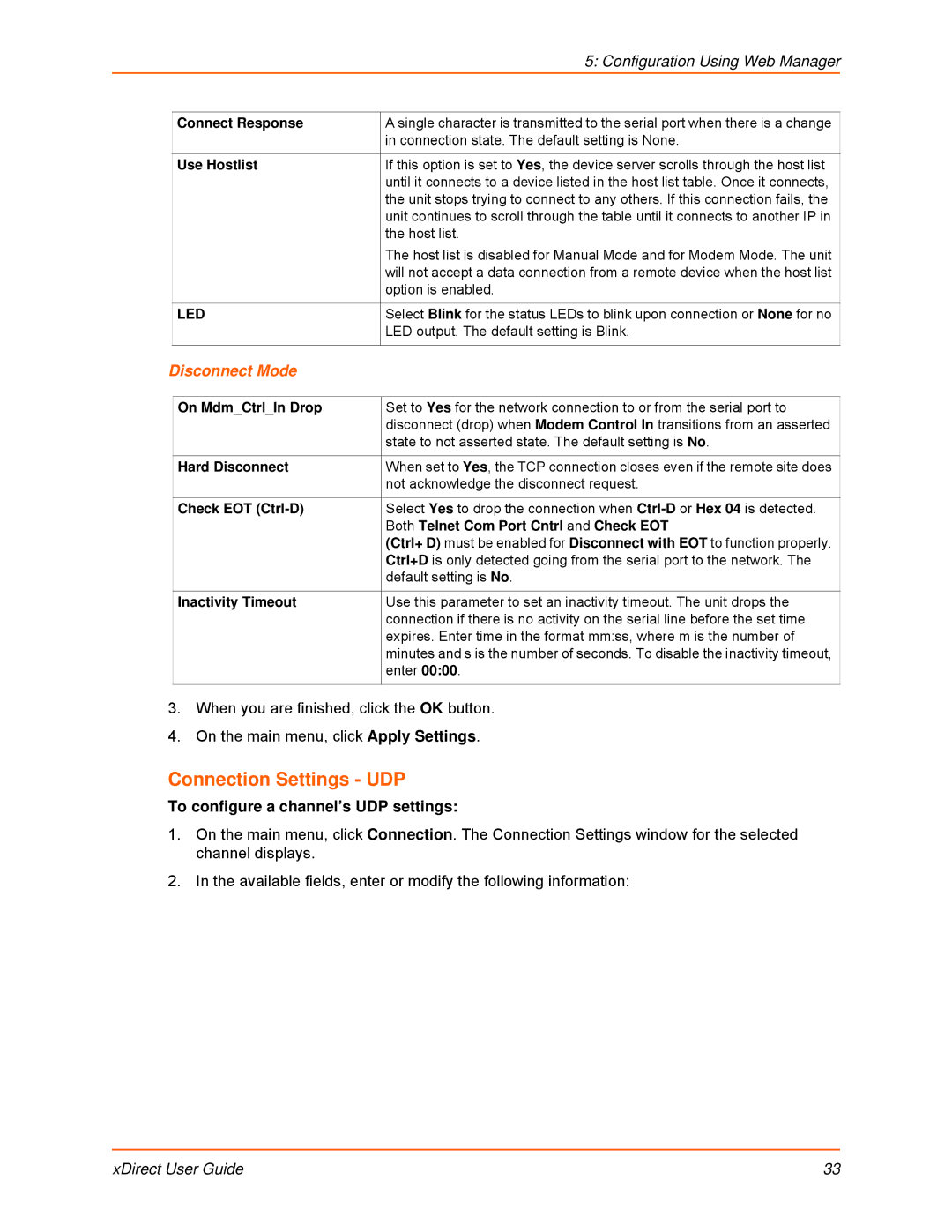 Lantronix 900-653-R manual Connection Settings UDP, To configure a channel’s UDP settings 