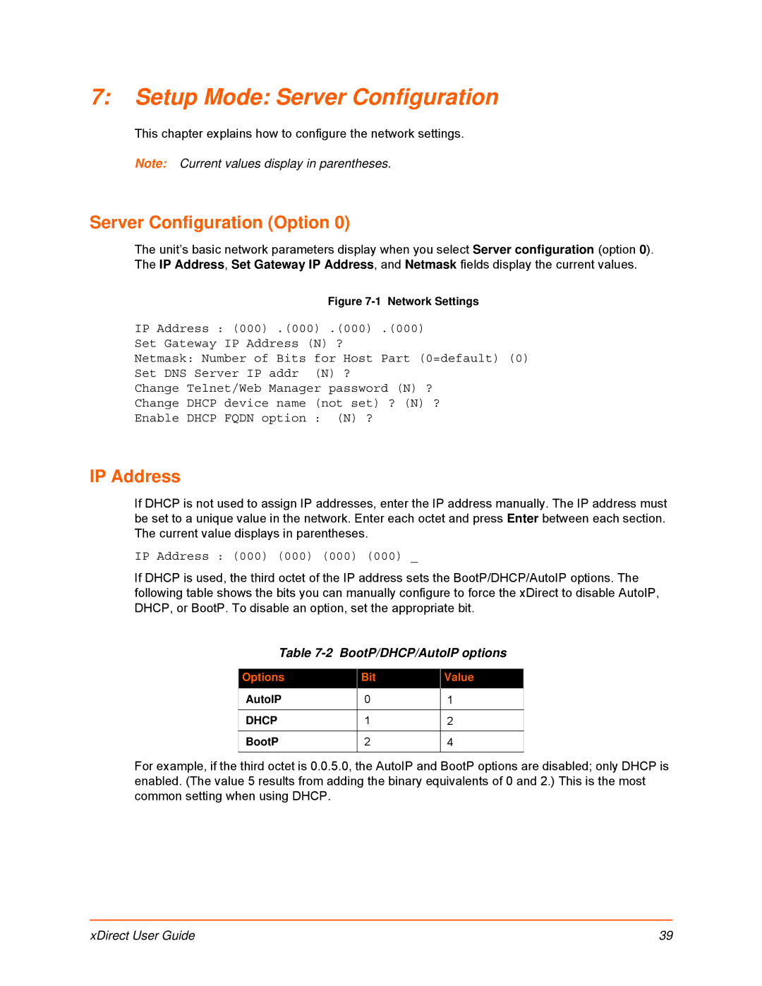 Lantronix 900-653-R Setup Mode Server Configuration, Server Configuration Option, IP Address, BootP/DHCP/AutoIP options 