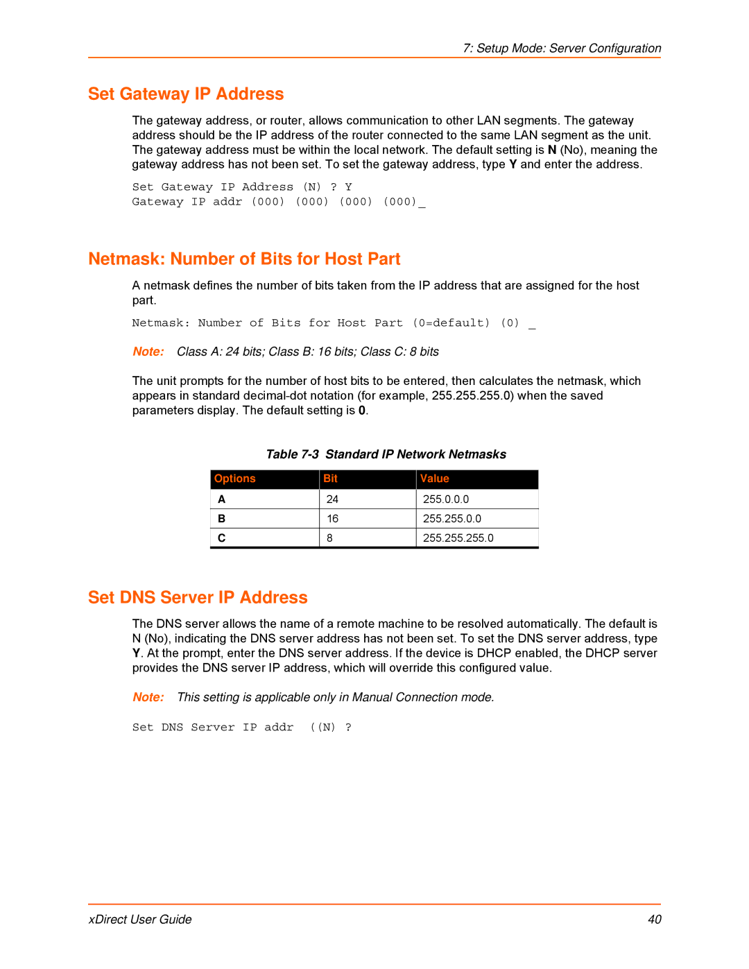 Lantronix 900-653-R manual Set Gateway IP Address, Netmask Number of Bits for Host Part, Set DNS Server IP Address 