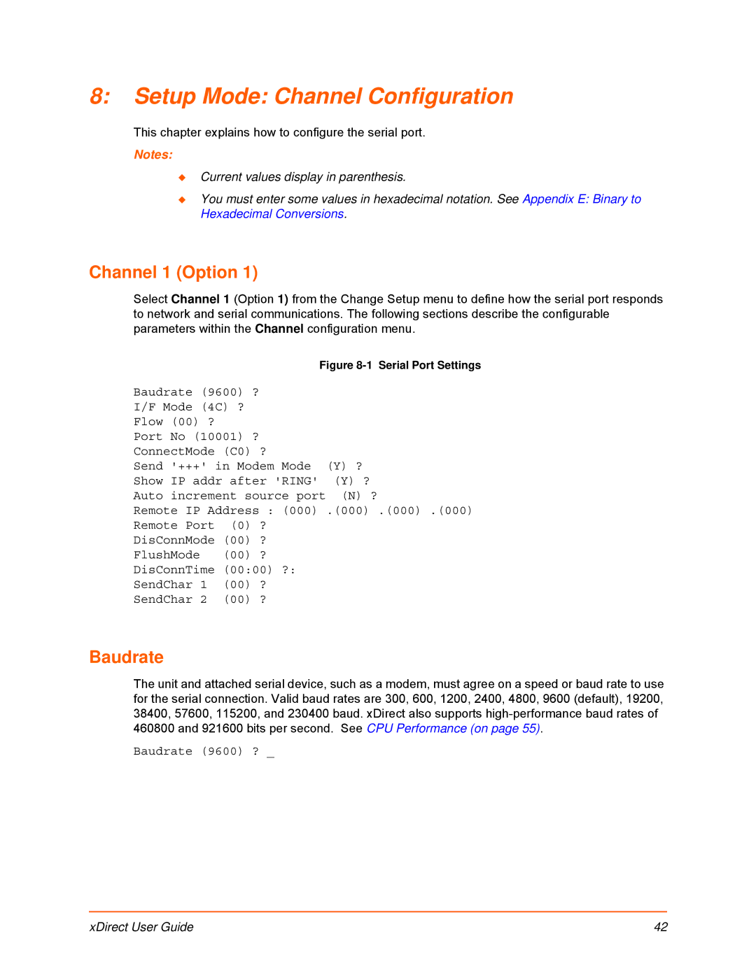 Lantronix 900-653-R manual Setup Mode Channel Configuration, Channel 1 Option, Baudrate 