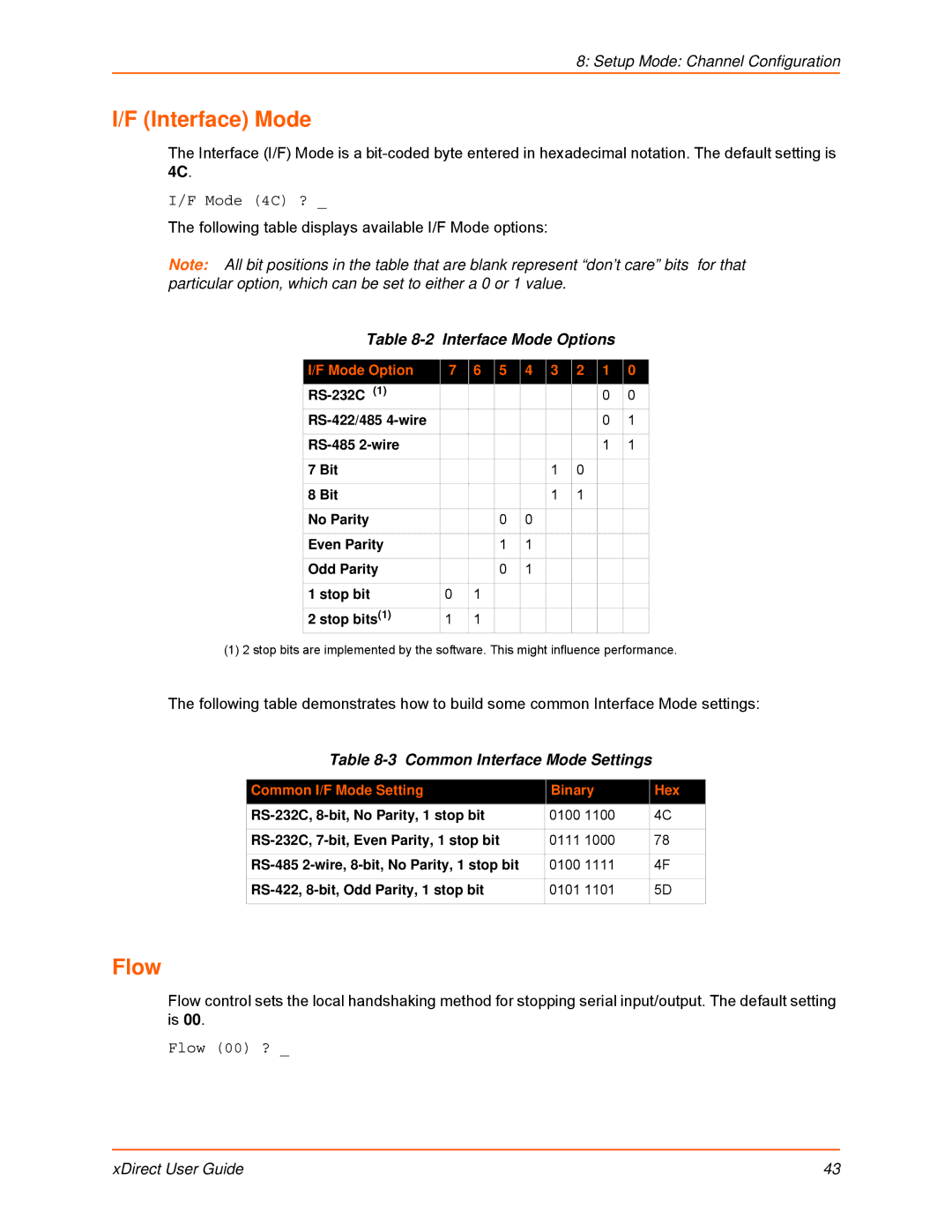 Lantronix 900-653-R manual Flow, Interface Mode Options, Common Interface Mode Settings 