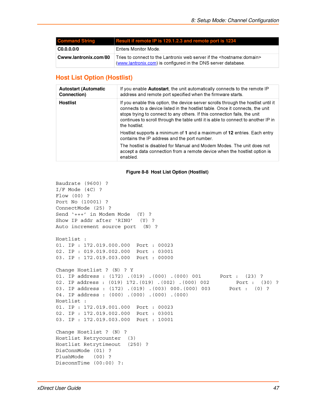 Lantronix 900-653-R manual Host List Option Hostlist, C0.0.0.0/0, Autostart Automatic, Connection 