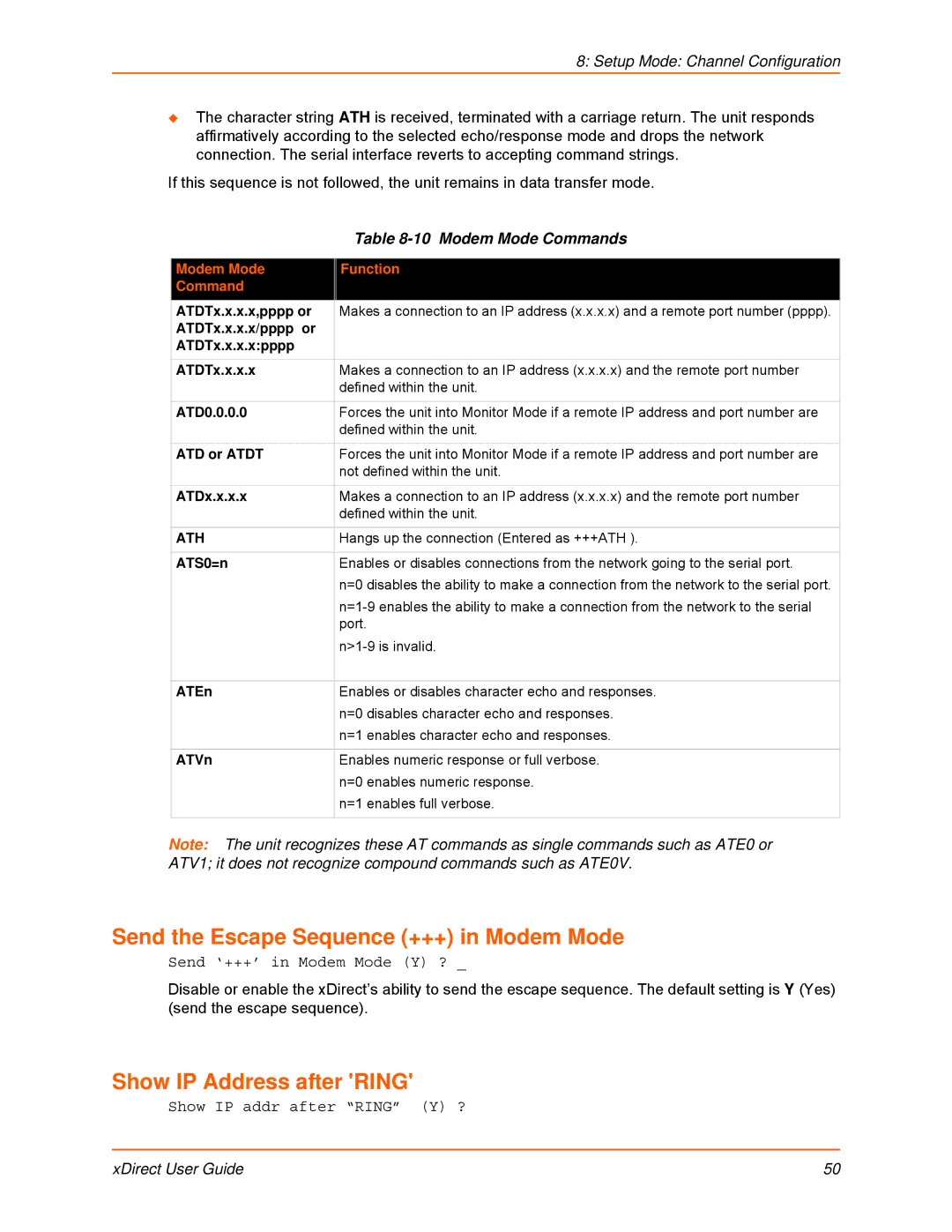 Lantronix 900-653-R manual Send the Escape Sequence +++ in Modem Mode, Show IP Address after Ring, Modem Mode Commands 