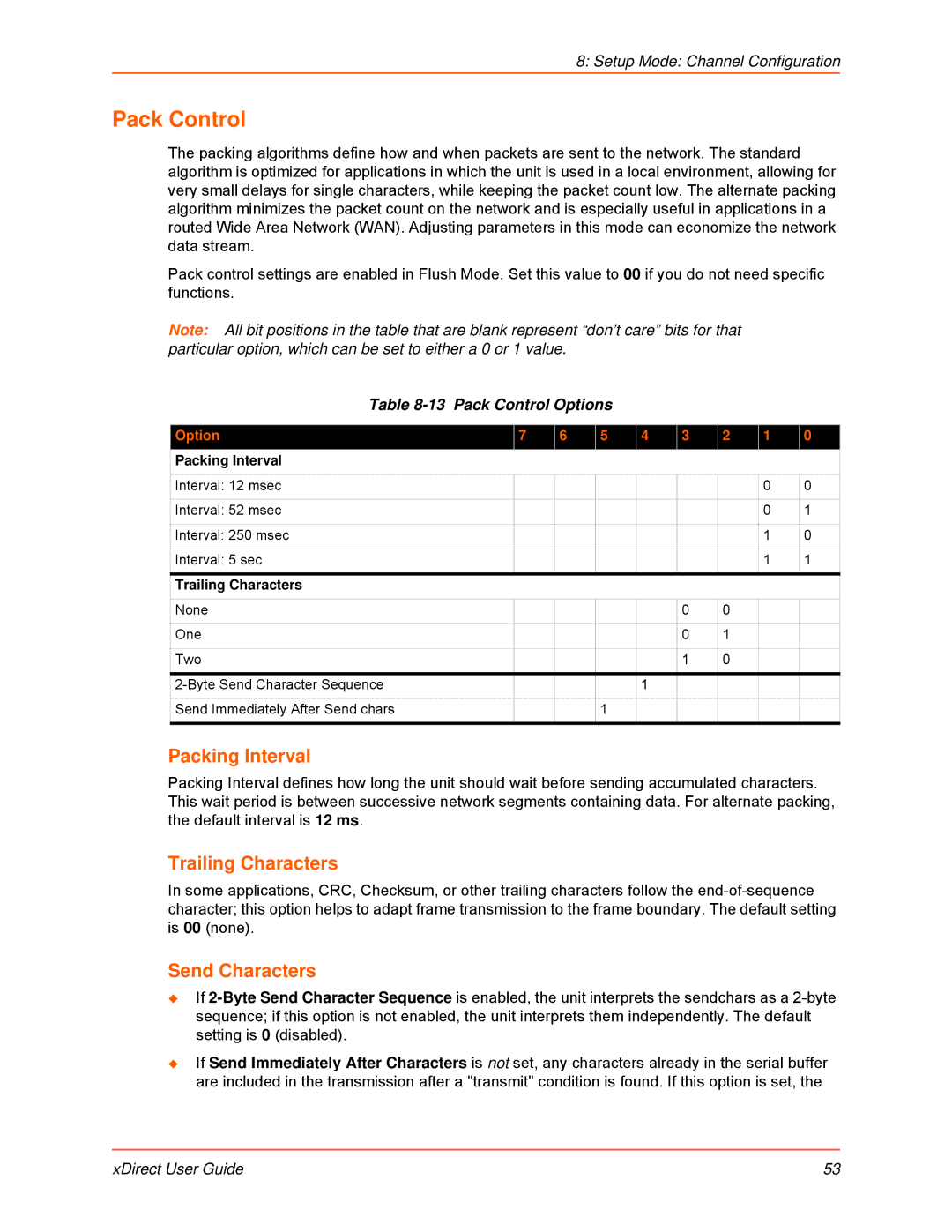 Lantronix 900-653-R manual Packing Interval, Trailing Characters, Send Characters, Pack Control Options 