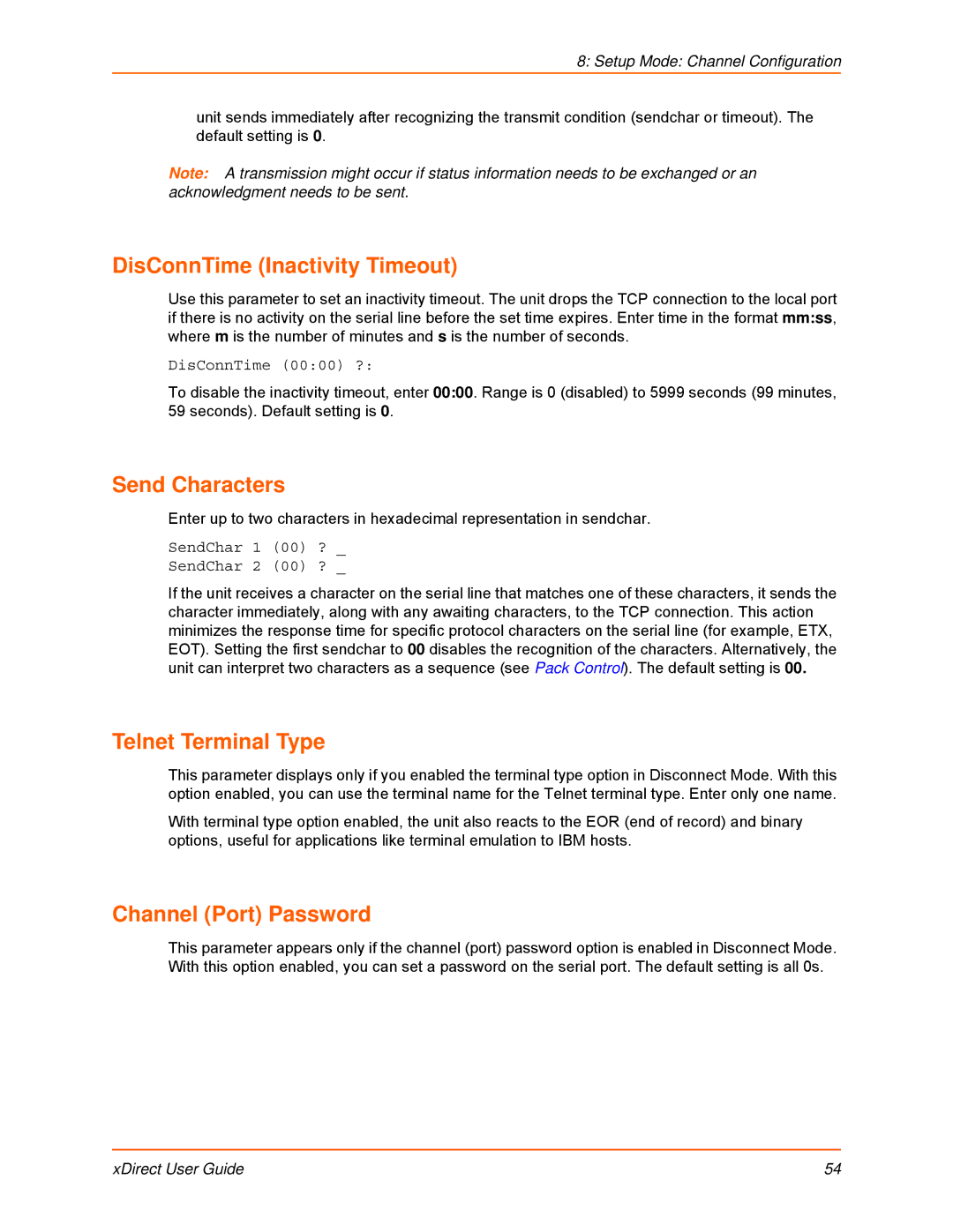 Lantronix 900-653-R manual DisConnTime Inactivity Timeout, Send Characters, Telnet Terminal Type, Channel Port Password 