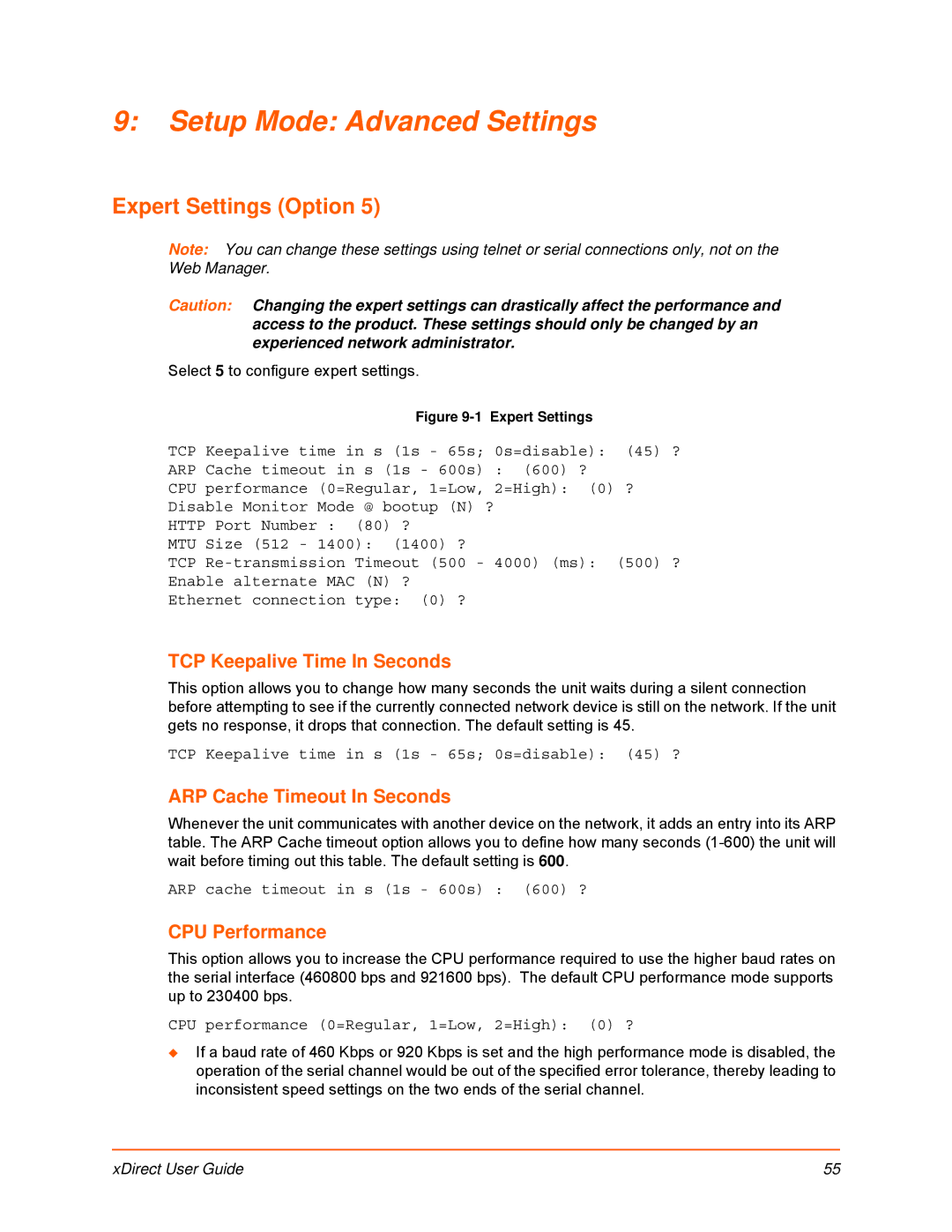 Lantronix 900-653-R Setup Mode Advanced Settings, Expert Settings Option, TCP Keepalive Time In Seconds, CPU Performance 