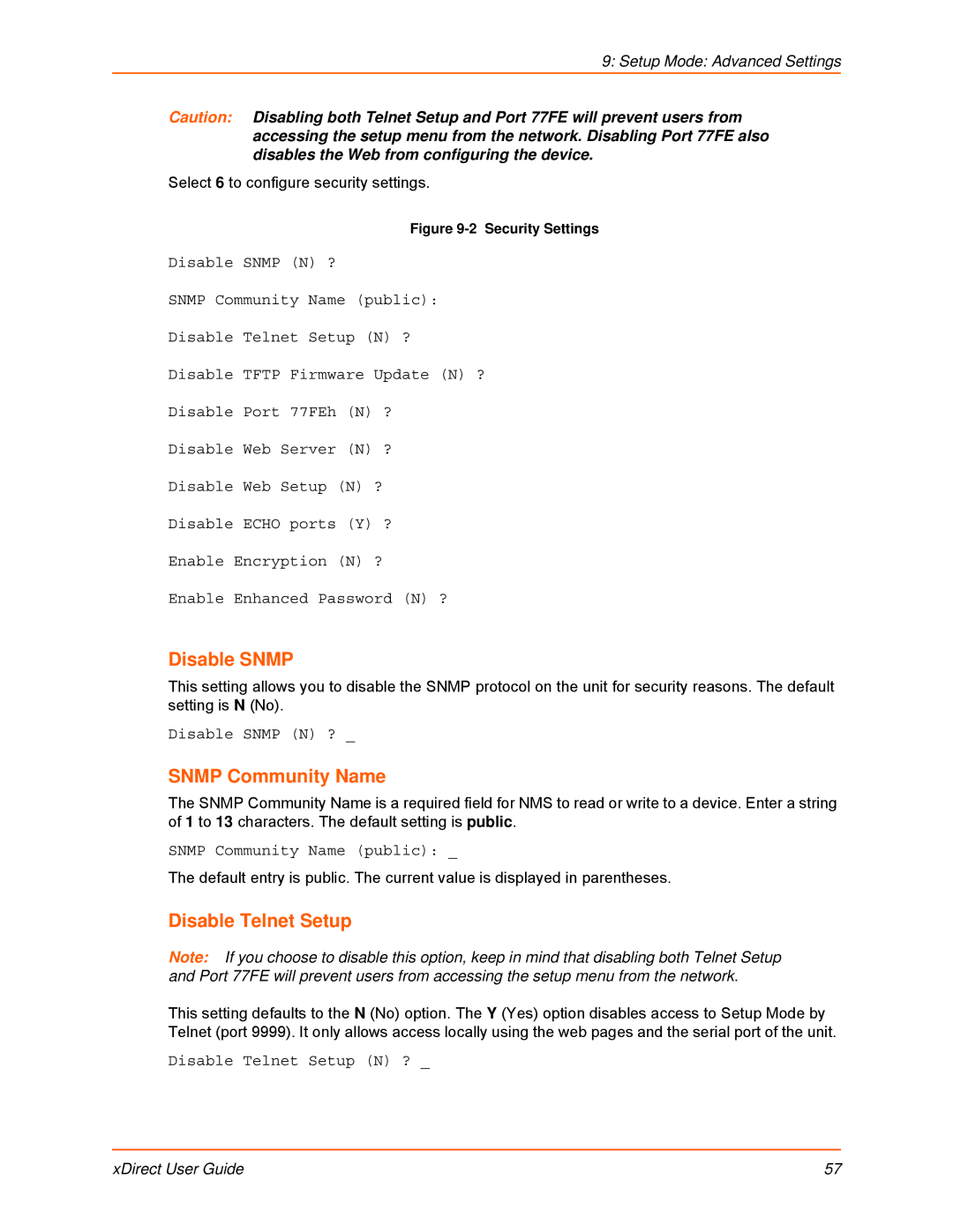 Lantronix 900-653-R manual Disable Snmp, Snmp Community Name, Disable Telnet Setup 