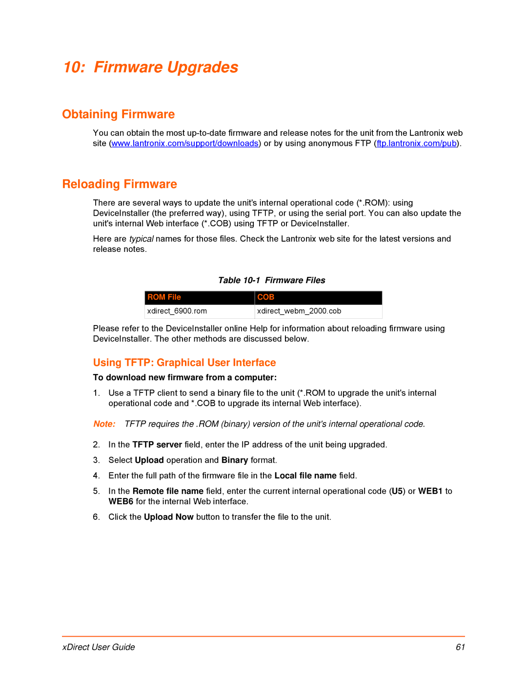 Lantronix 900-653-R manual Firmware Upgrades, Obtaining Firmware Reloading Firmware, Using Tftp Graphical User Interface 