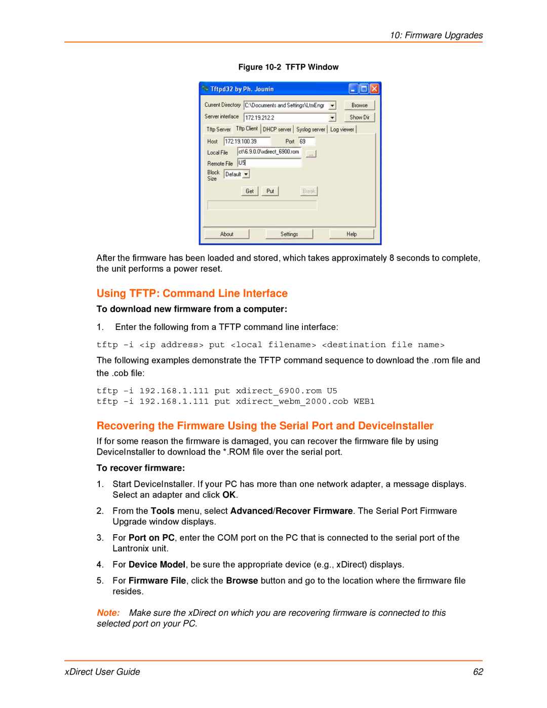 Lantronix 900-653-R manual Using Tftp Command Line Interface, To recover firmware 