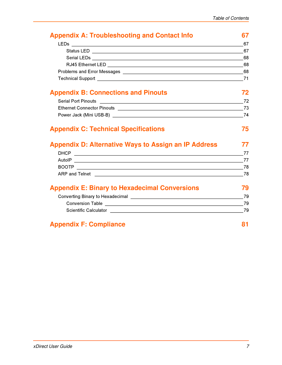 Lantronix 900-653-R Appendix a Troubleshooting and Contact Info, Appendix B Connections and Pinouts, Appendix F Compliance 