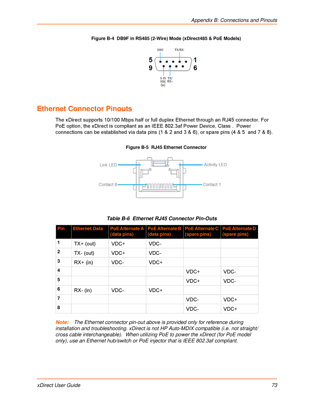 Lantronix 900-653-R manual Ethernet Connector Pinouts, Table B-6 Ethernet RJ45 Connector Pin-Outs 