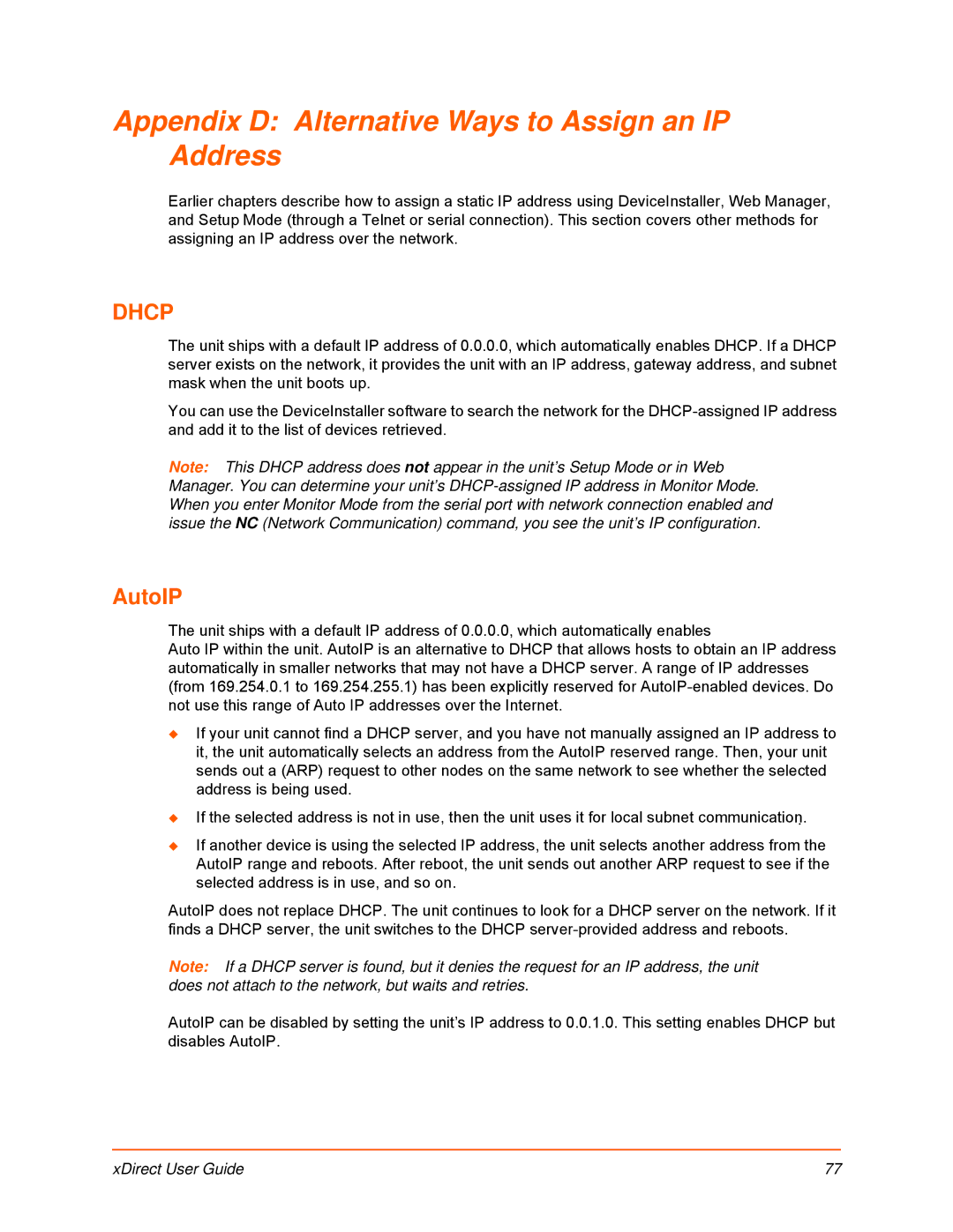 Lantronix 900-653-R manual Appendix D Alternative Ways to Assign an IP Address, AutoIP 