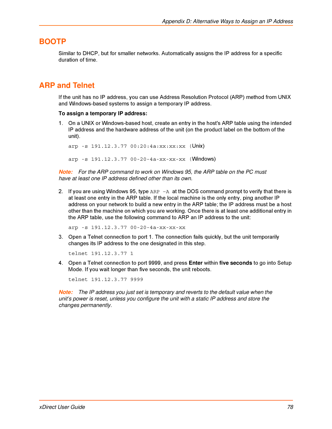 Lantronix 900-653-R manual ARP and Telnet, To assign a temporary IP address 