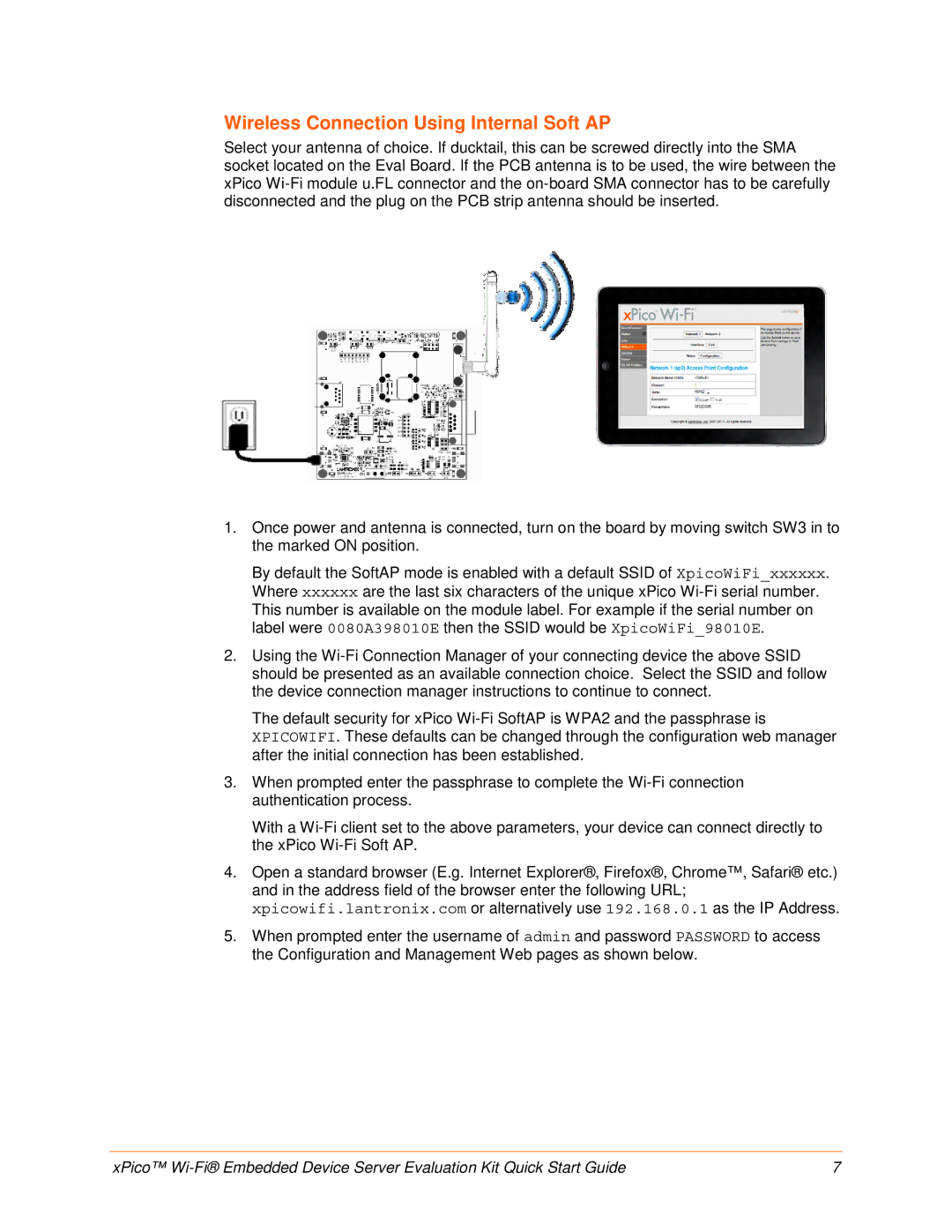 Lantronix 900-685 quick start Wireless Connection Using Internal Soft AP 