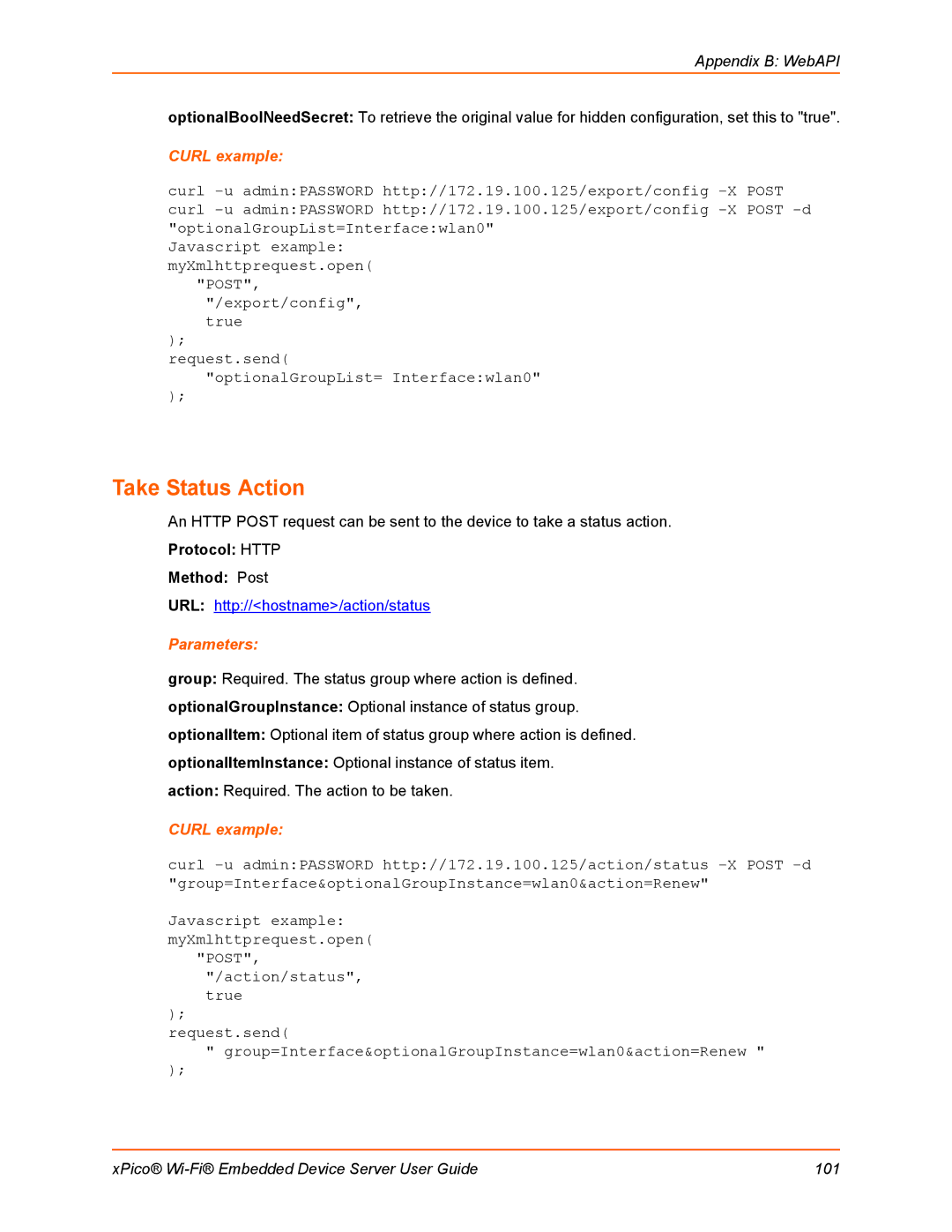Lantronix 900-691-R manual Take Status Action, Appendix B WebAPI 