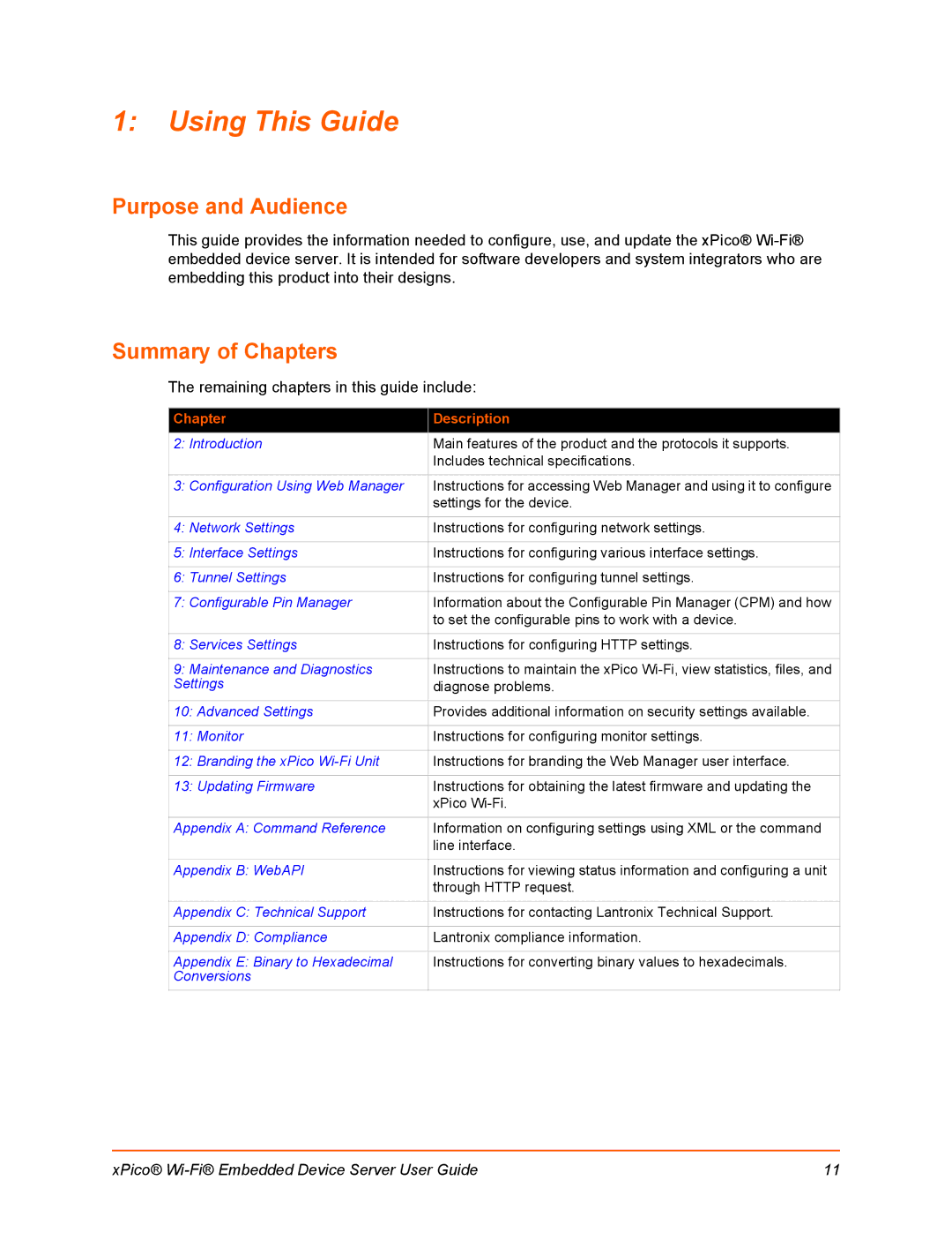 Lantronix 900-691-R manual Using This Guide, Purpose and Audience, Summary of Chapters, Chapter Description 